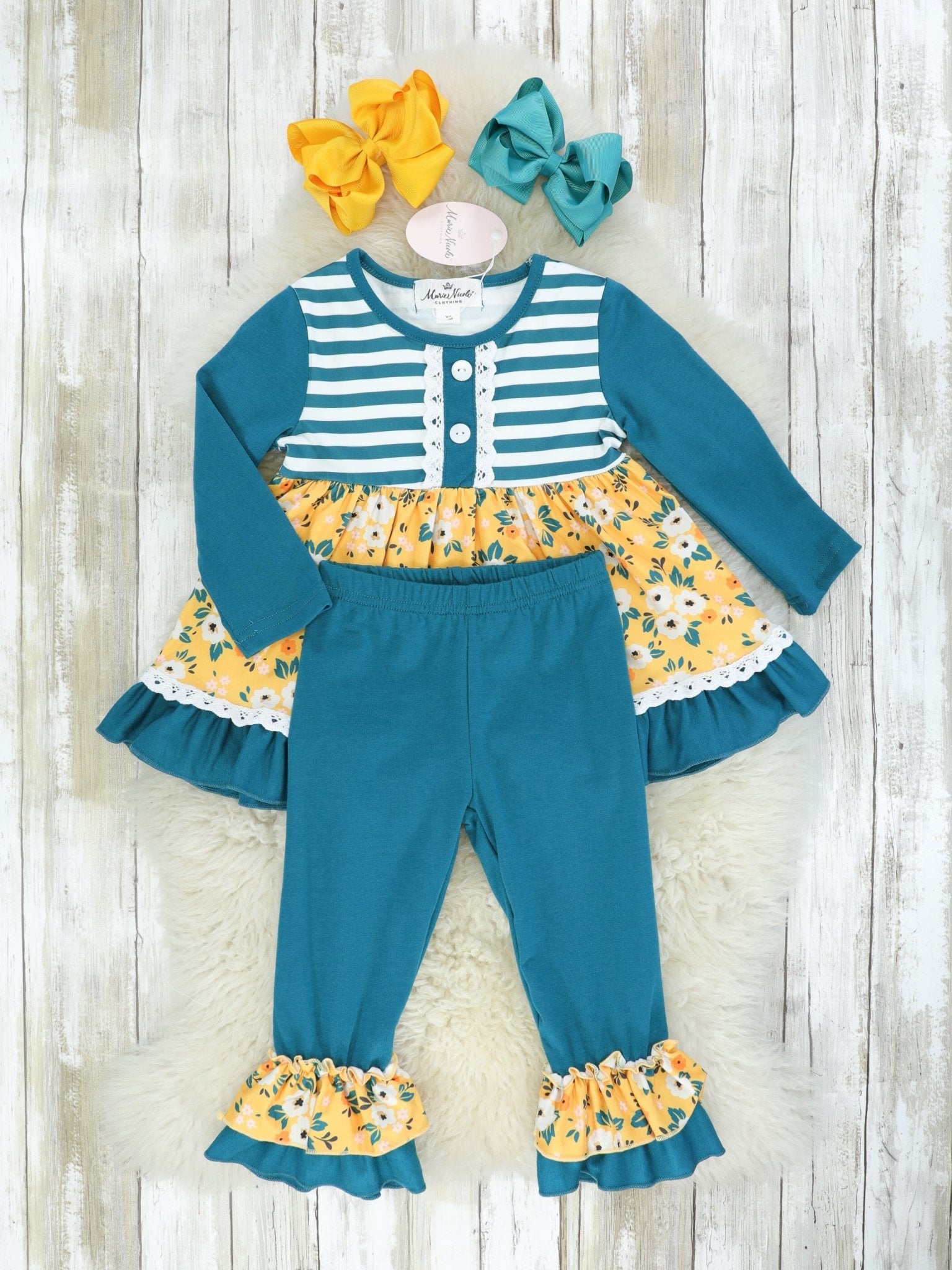 Peacock Blue Striped & Floral Ruffle Outfit - Marie Nicole Clothing