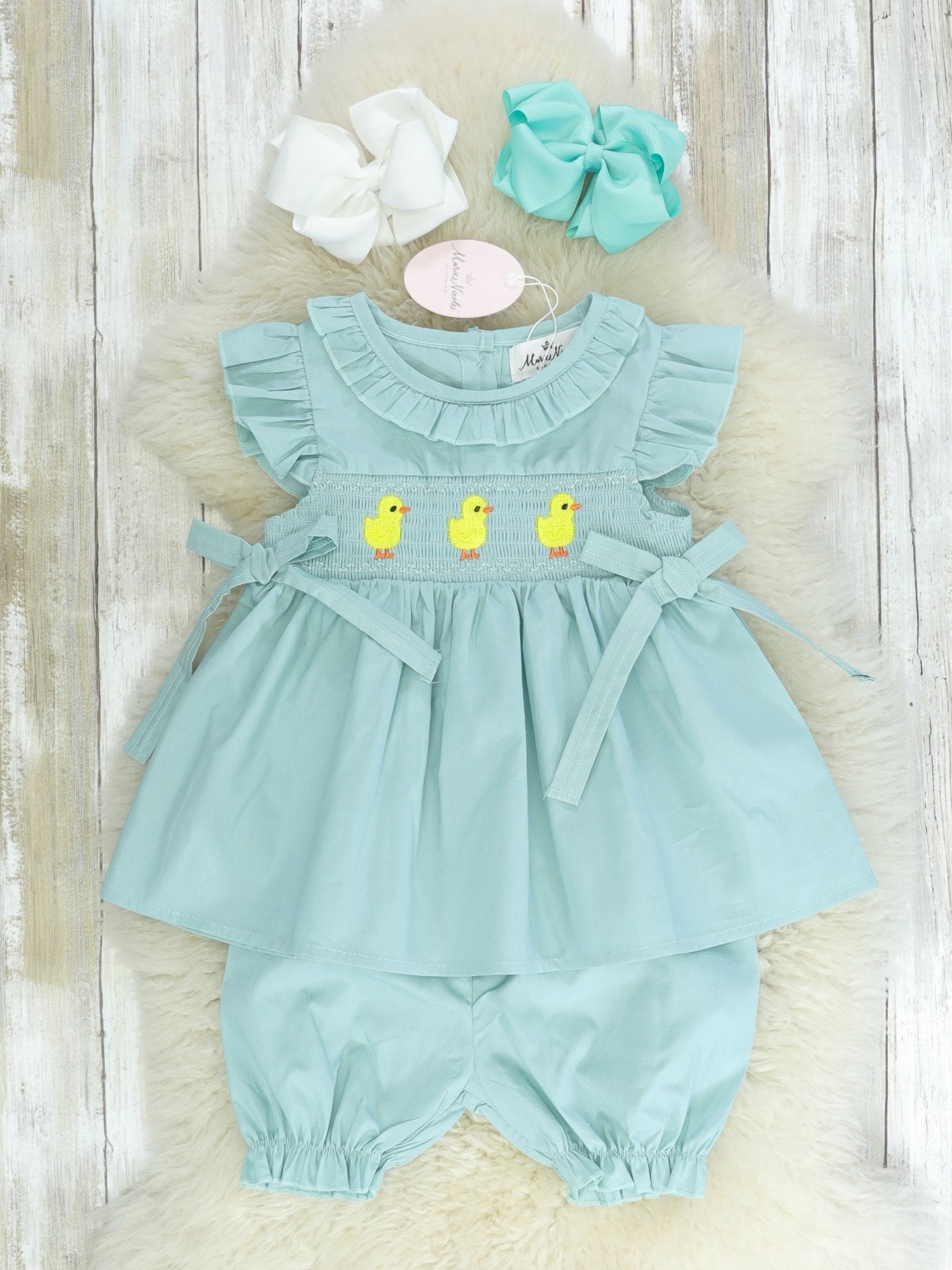 Mint Duck Smocked Ruffle Outfit - Marie Nicole Clothing