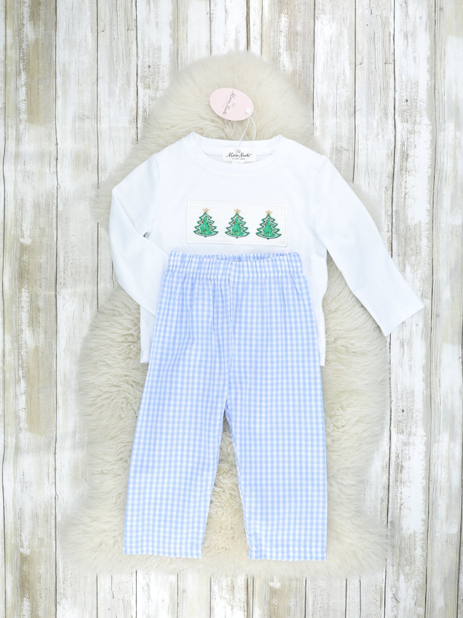 Blue Gingham Christmas Tree Smocked Outfit - Marie Nicole Clothing