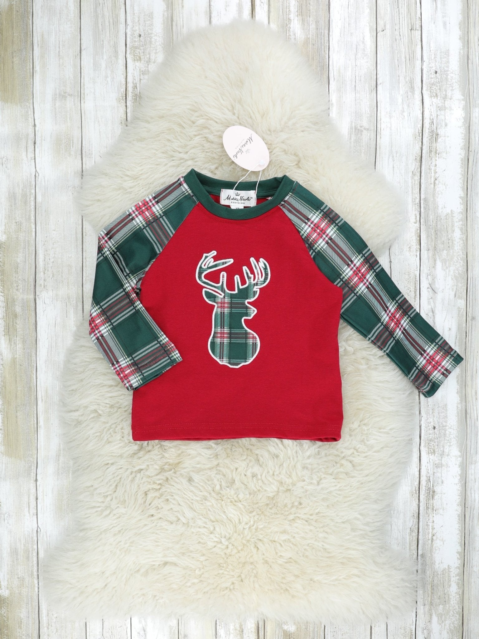 Hunter Green Plaid Reindeer Raglan Shirt - Marie Nicole Clothing