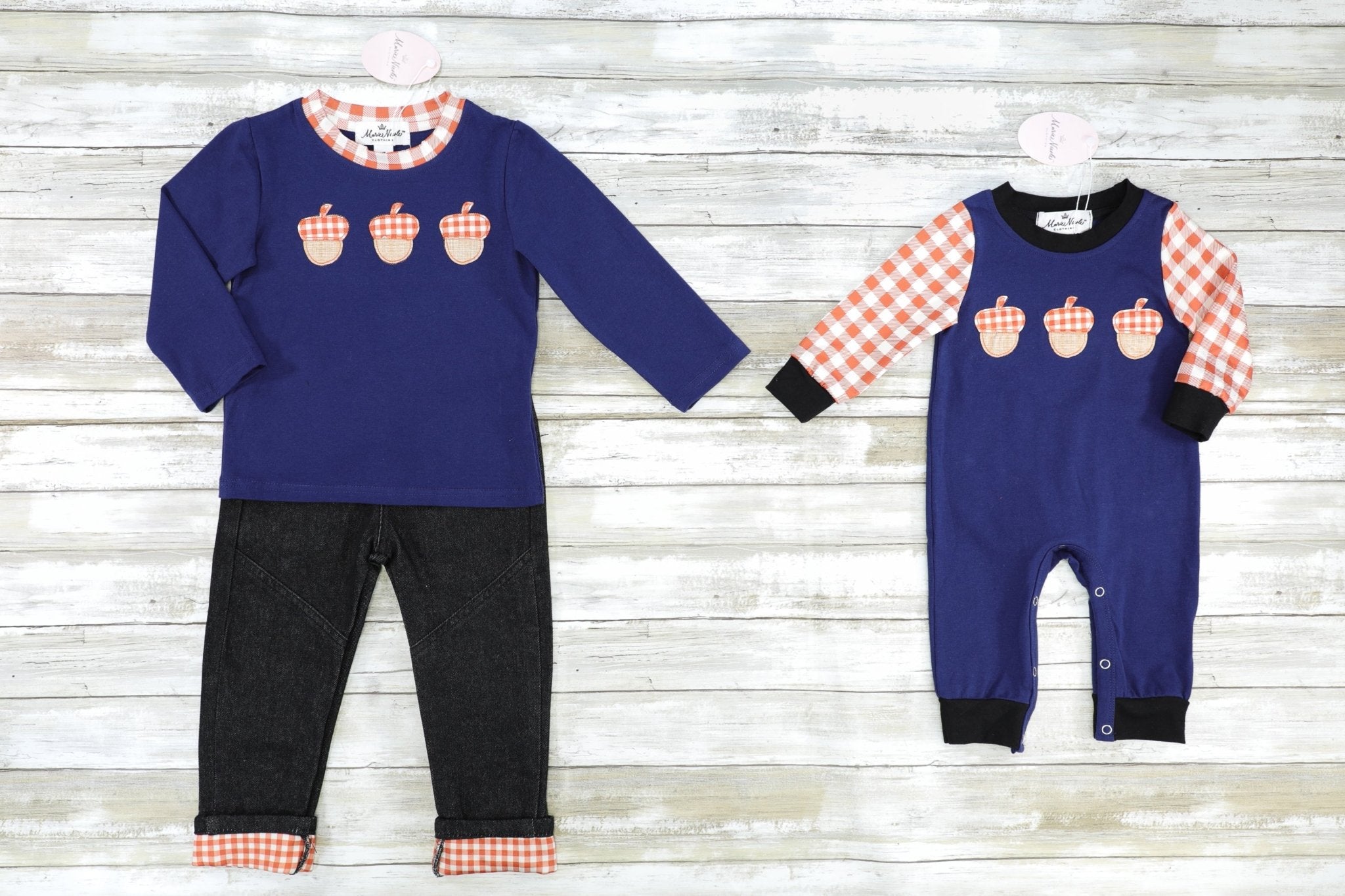 Brown Gingham Acorn Romper - Marie Nicole Clothing