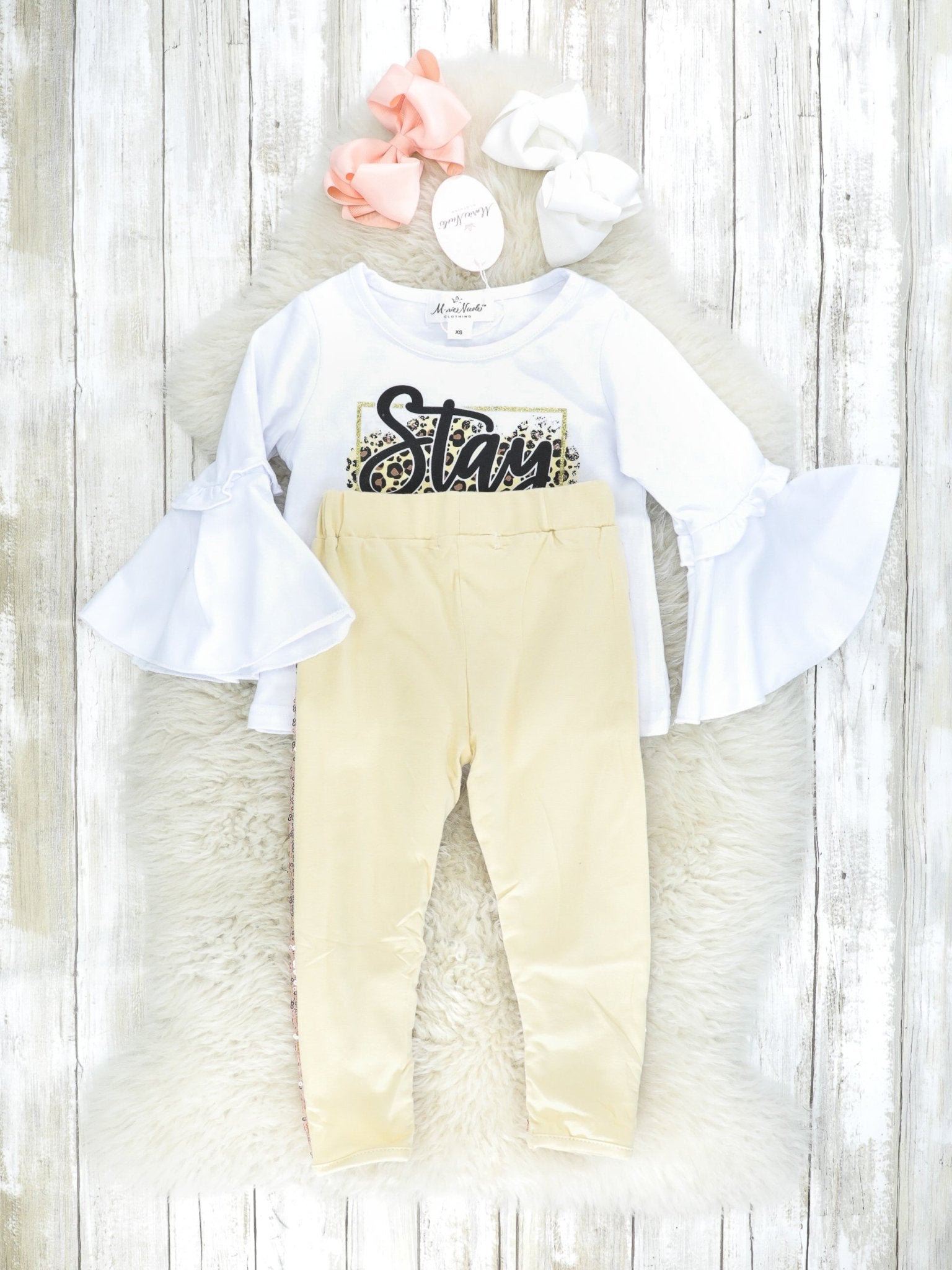 "Stay Wild" Leopard Bell Sleeve Top & Gold Sequin Joggers Outfit - Marie Nicole Clothing
