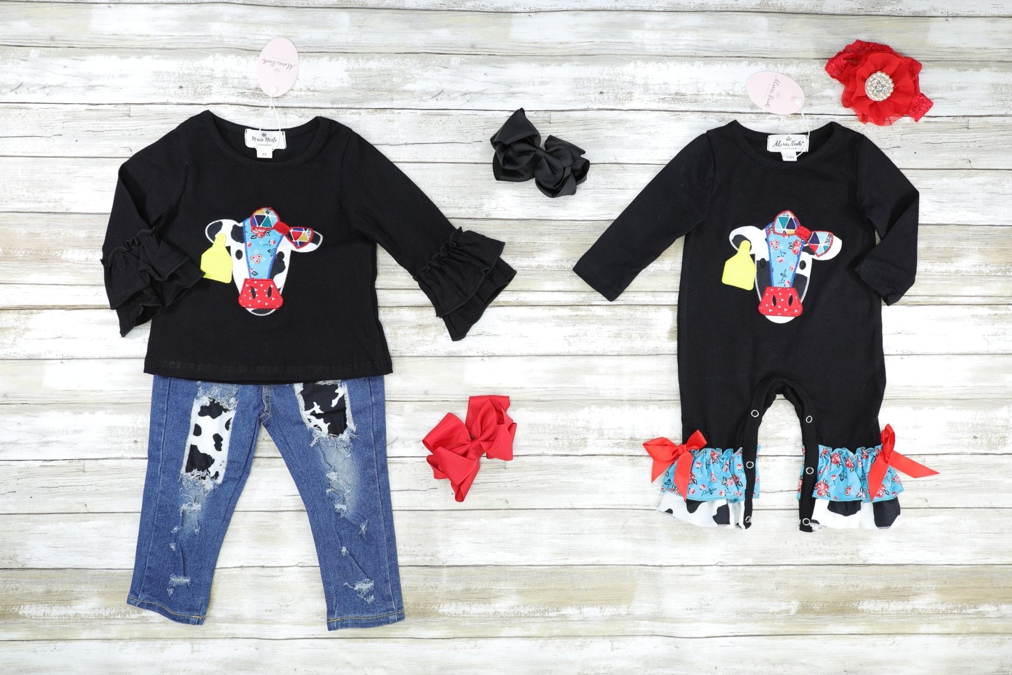 Fancy Cow Ruffle Denim Outfit - Marie Nicole Clothing