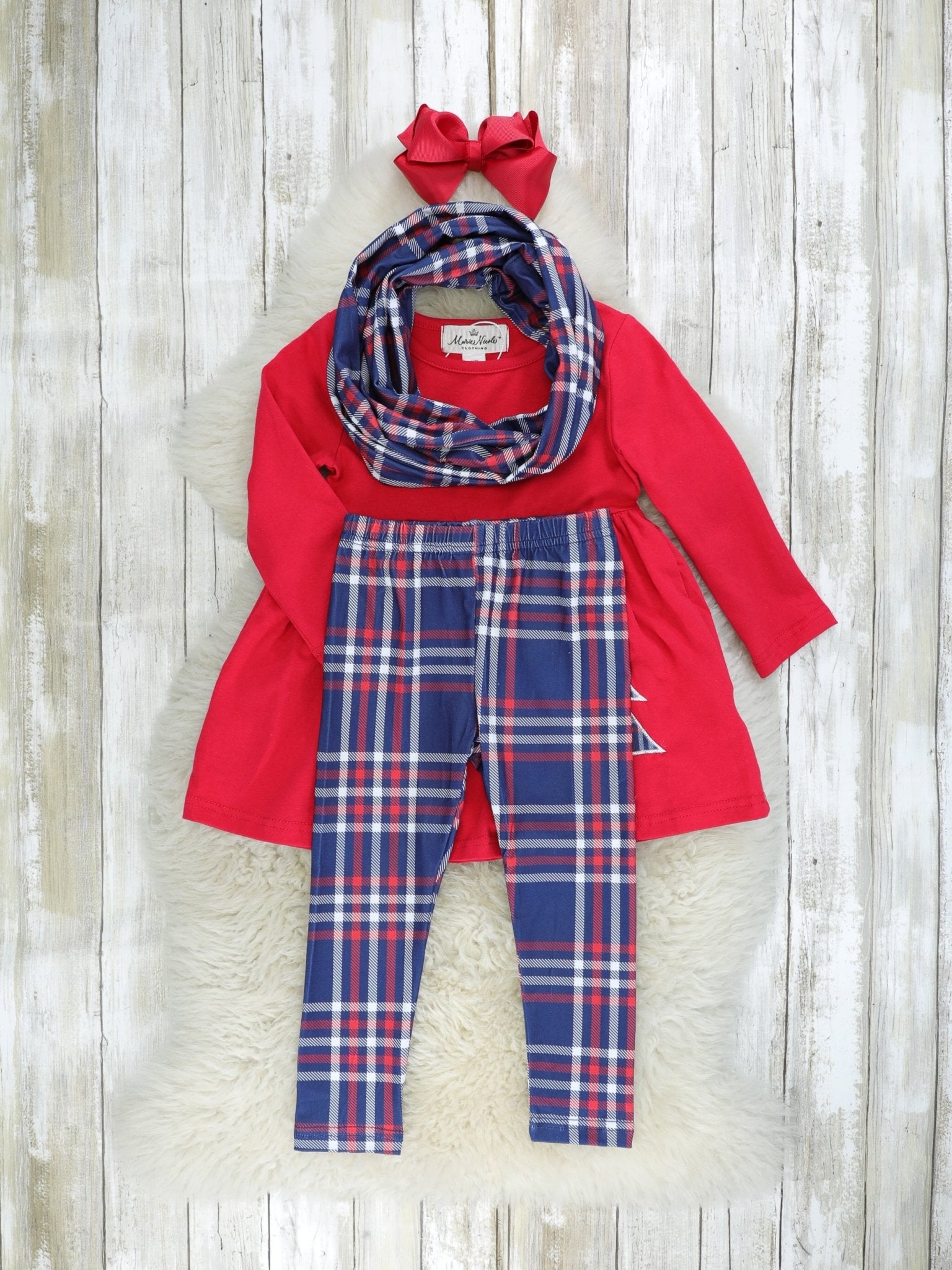 Red & Blue Plaid Christmas Tree 3 - Piece Outfit - Marie Nicole Clothing