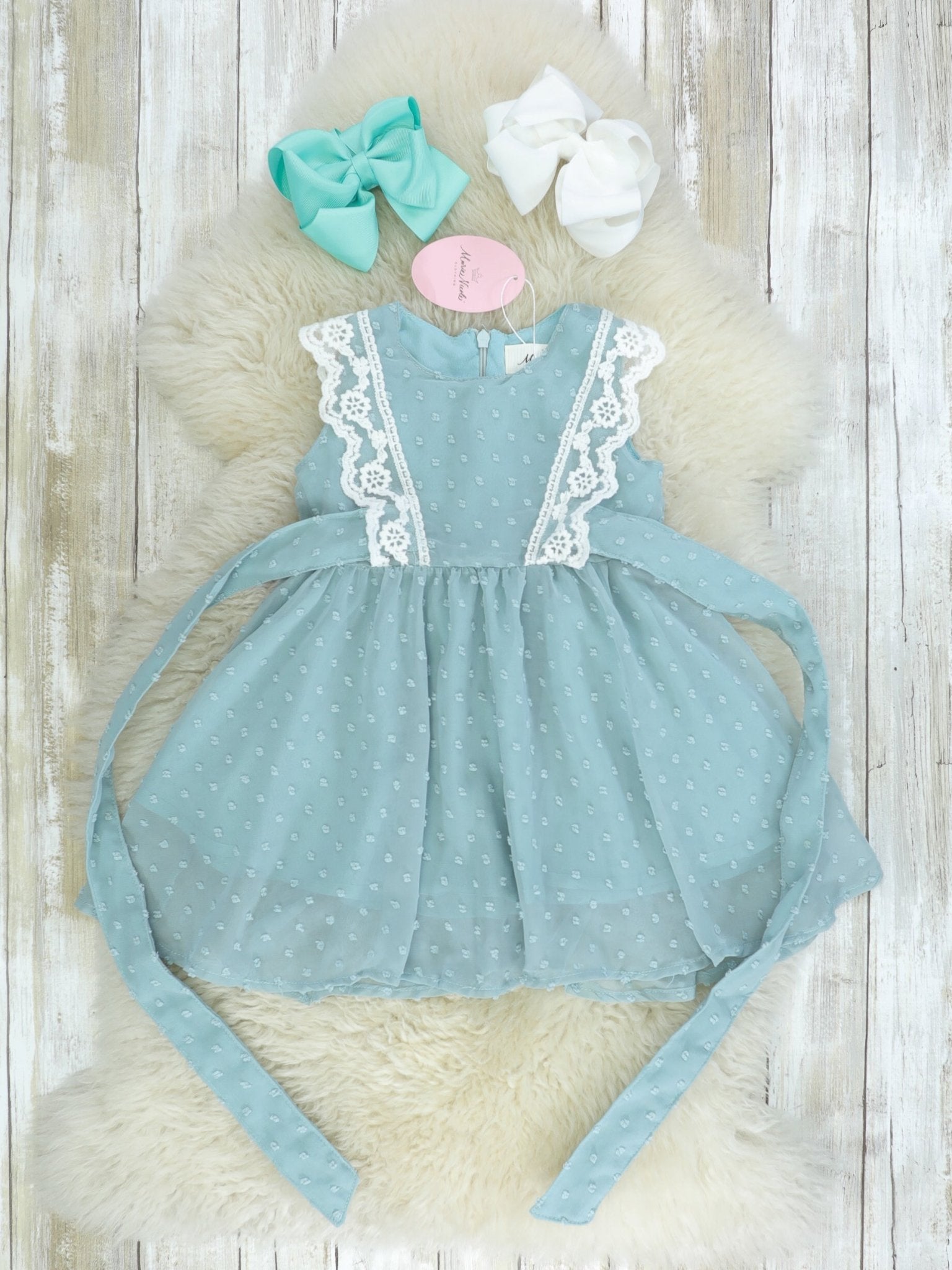 Ash Blue Lace Swiss Dot Dress - Marie Nicole Clothing