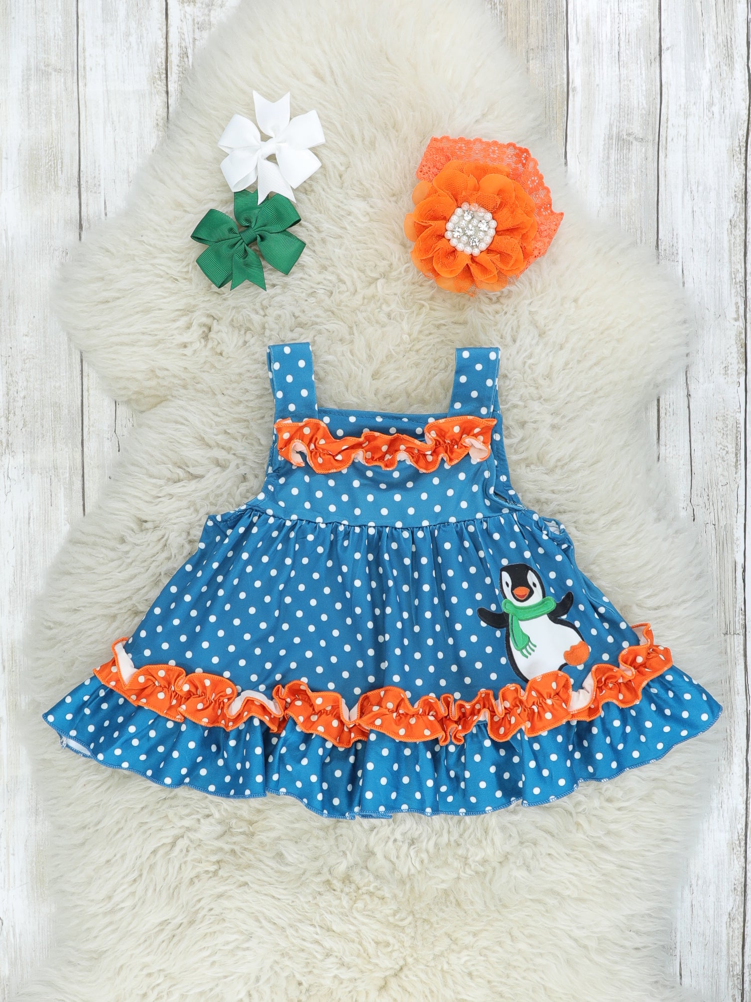 Blue Polka Dot Penguin Romper W/ White Shirt - Marie Nicole Clothing