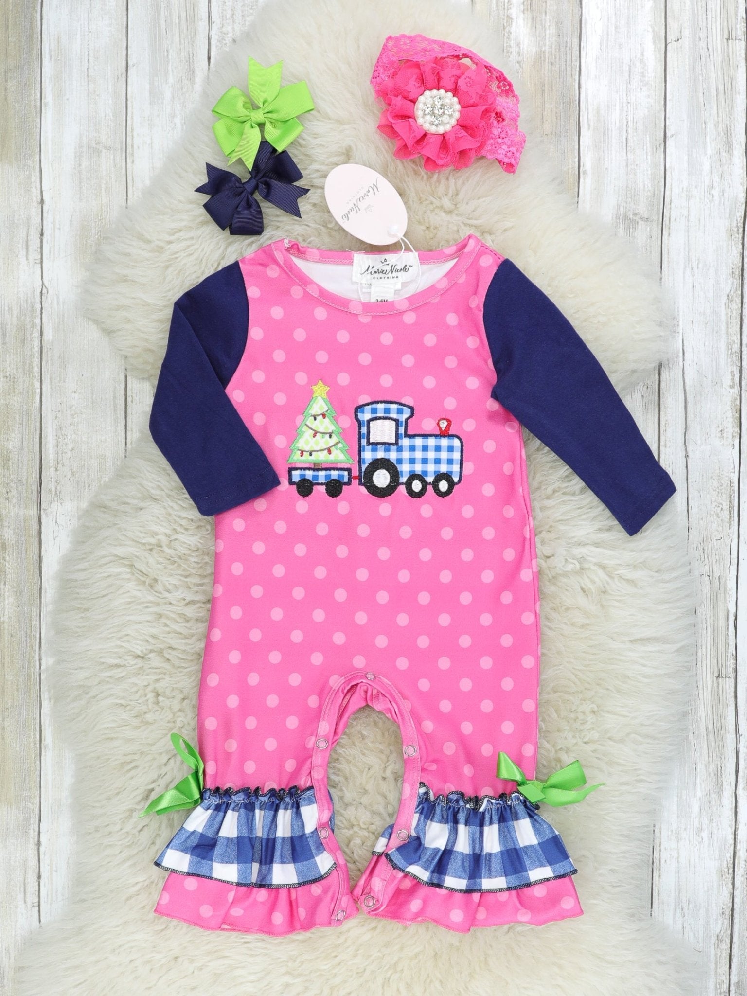 Pink & Blue Gingham Christmas Tree Truck Raglan Ruffle Romper - Marie Nicole Clothing