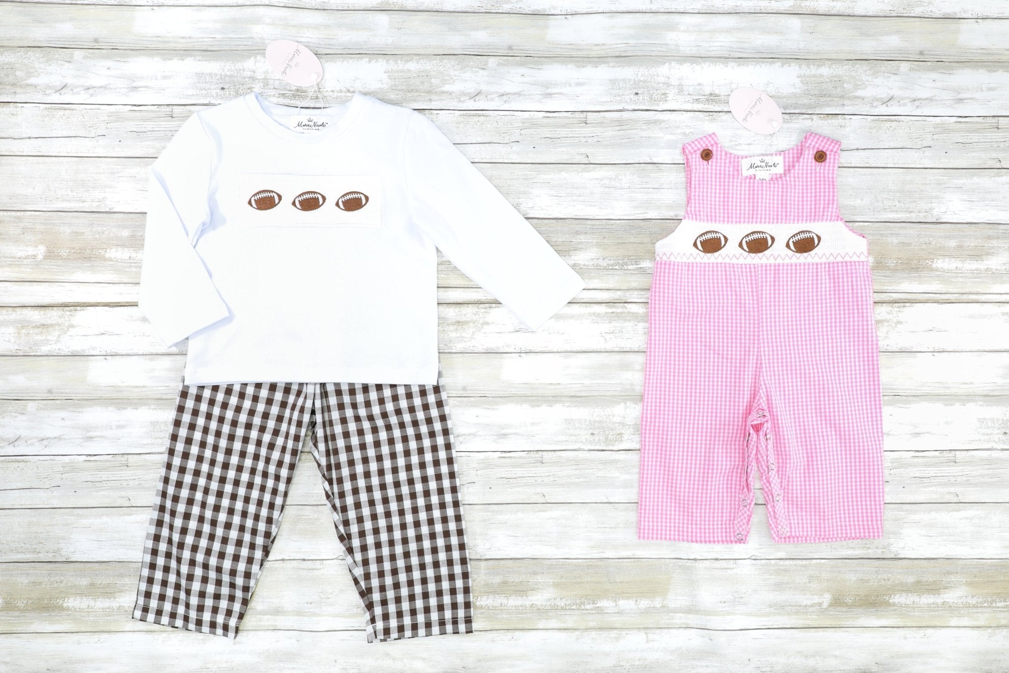 Pink Gingham Smocked Football Johnny - Marie Nicole Clothing