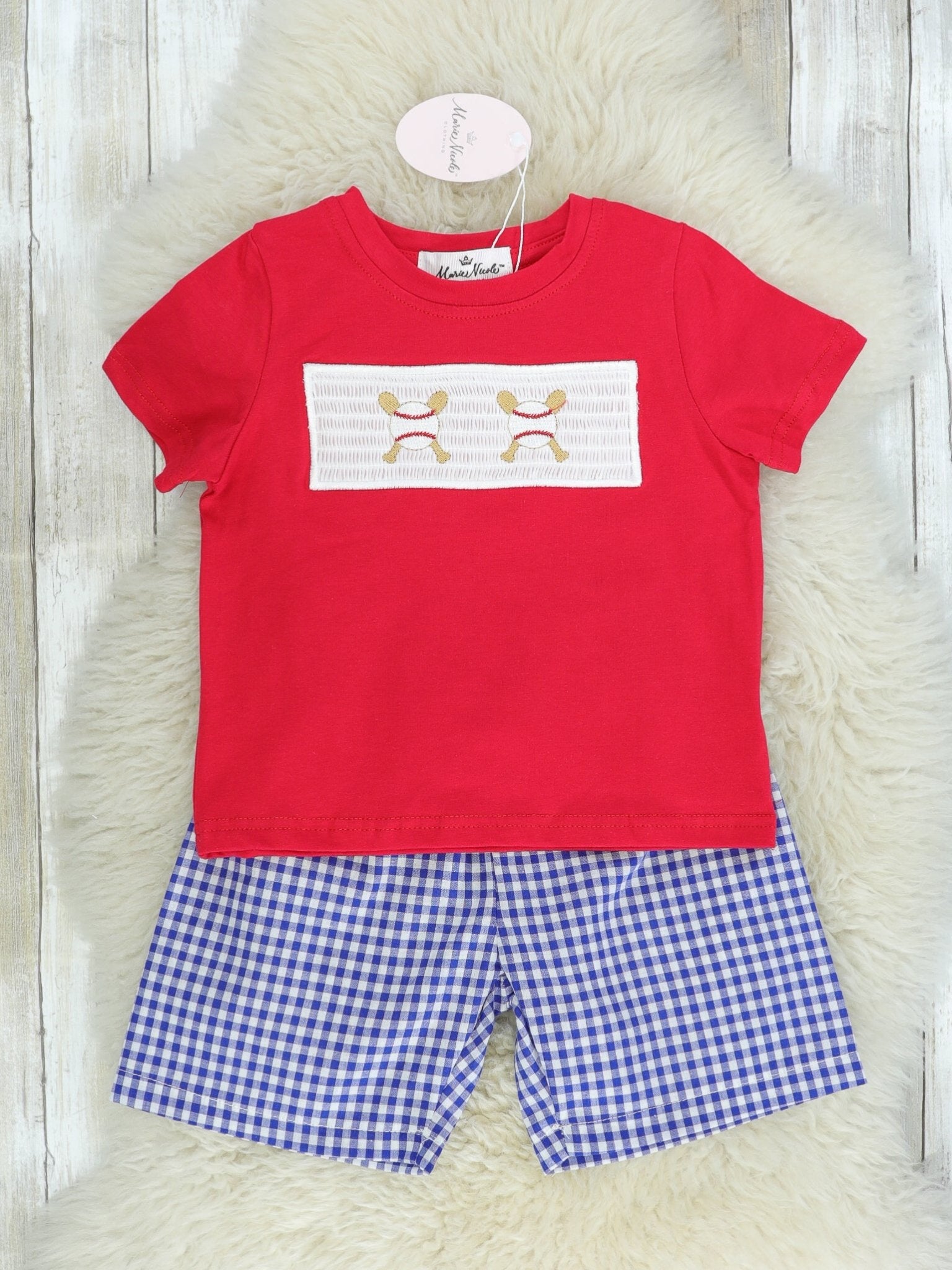 Baseball Blue Check Smocked Outfit - Marie Nicole Clothing