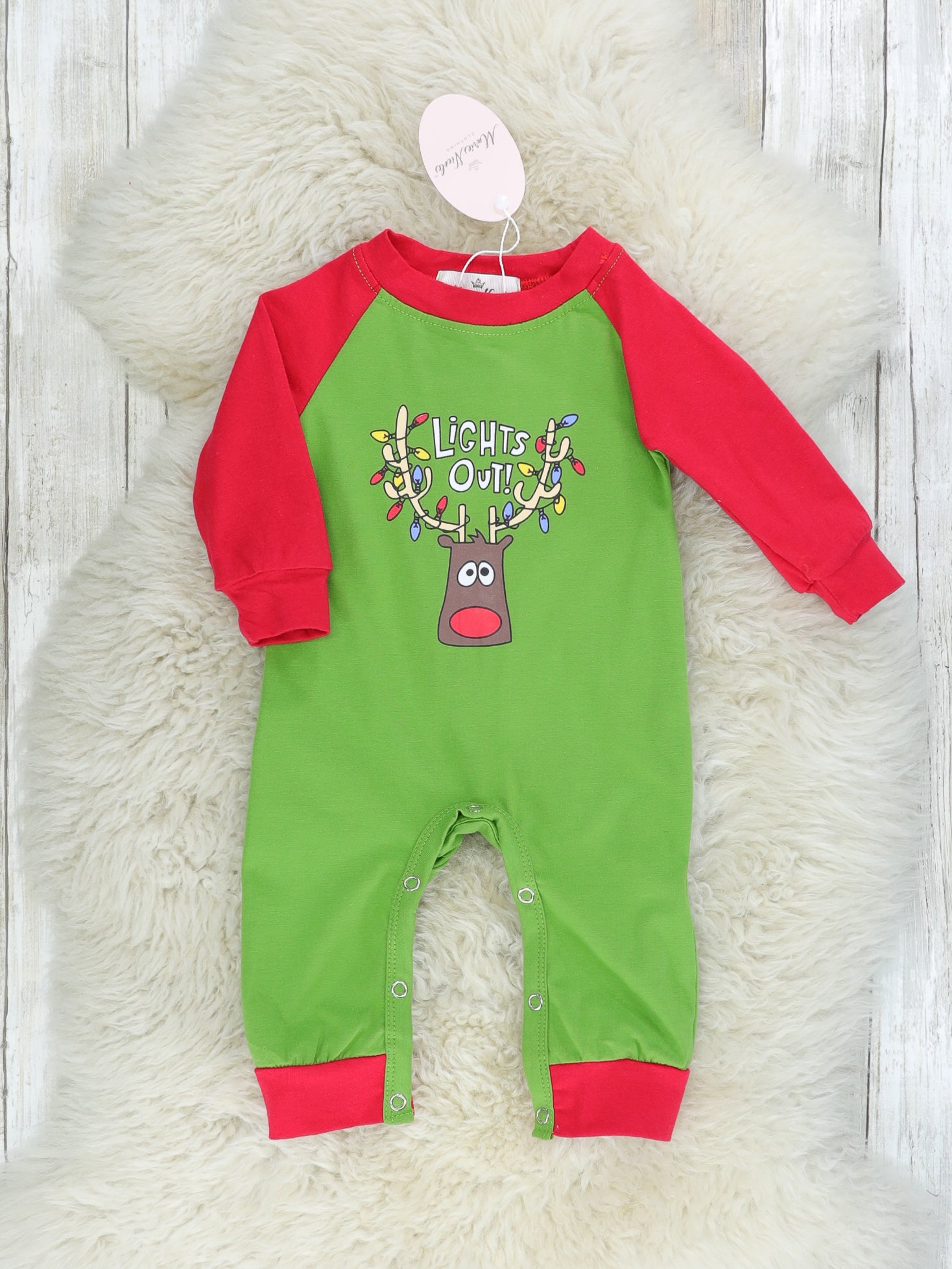 "Lights Out" Reindeer Raglan Romper - Marie Nicole Clothing