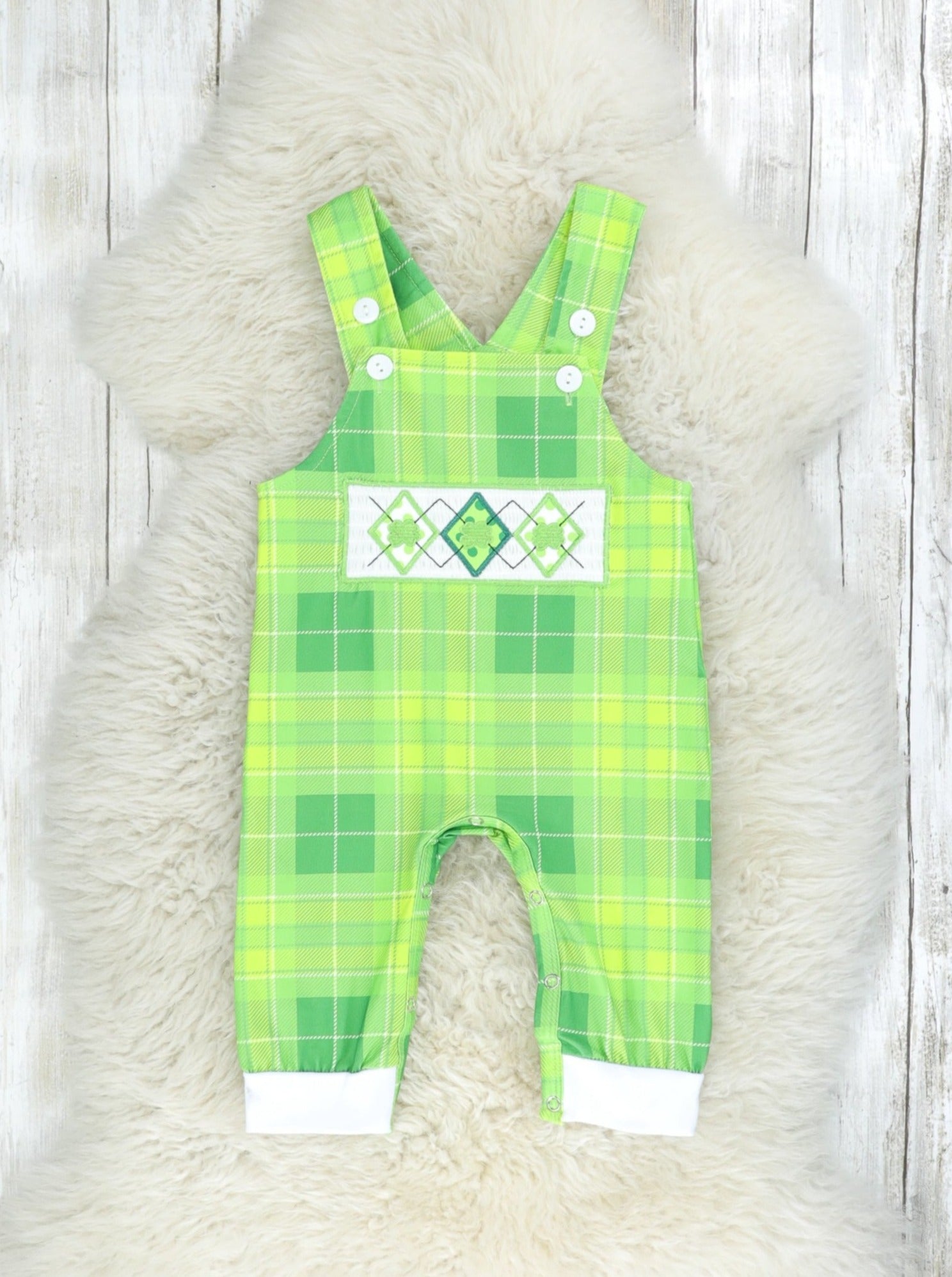 Green Plaid Smocked Clover Overall Romper - Marie Nicole Clothing