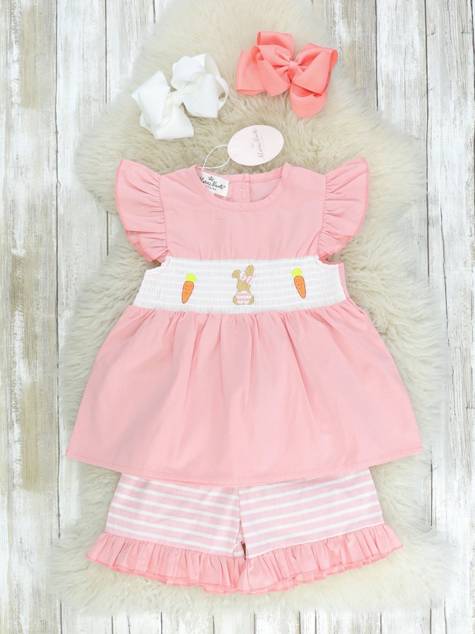 Smocked Carrot & Bunny Ruffle Outfit - Marie Nicole Clothing