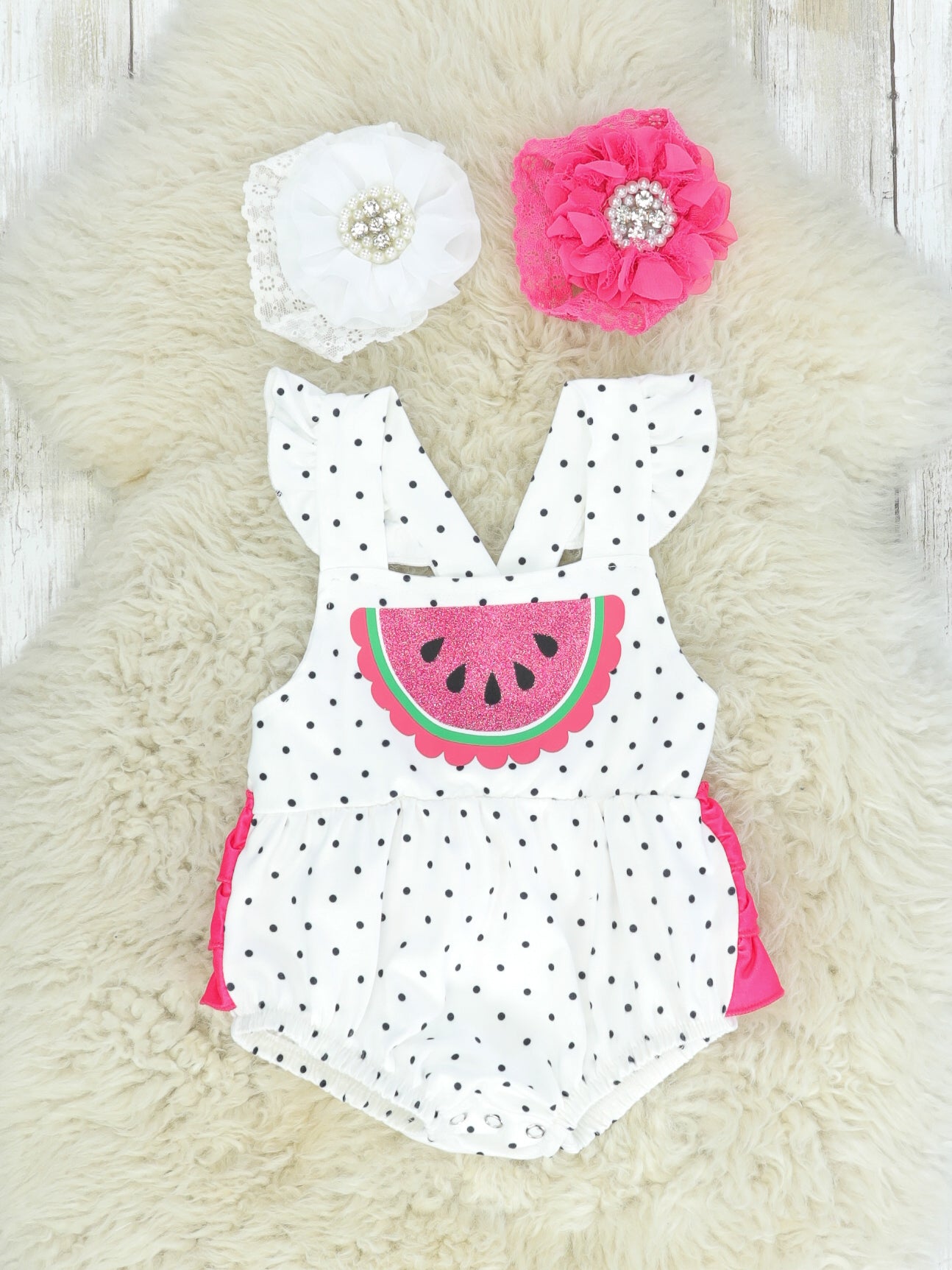 Polka Dotted Watermelon Bubble Romper - Marie Nicole Clothing