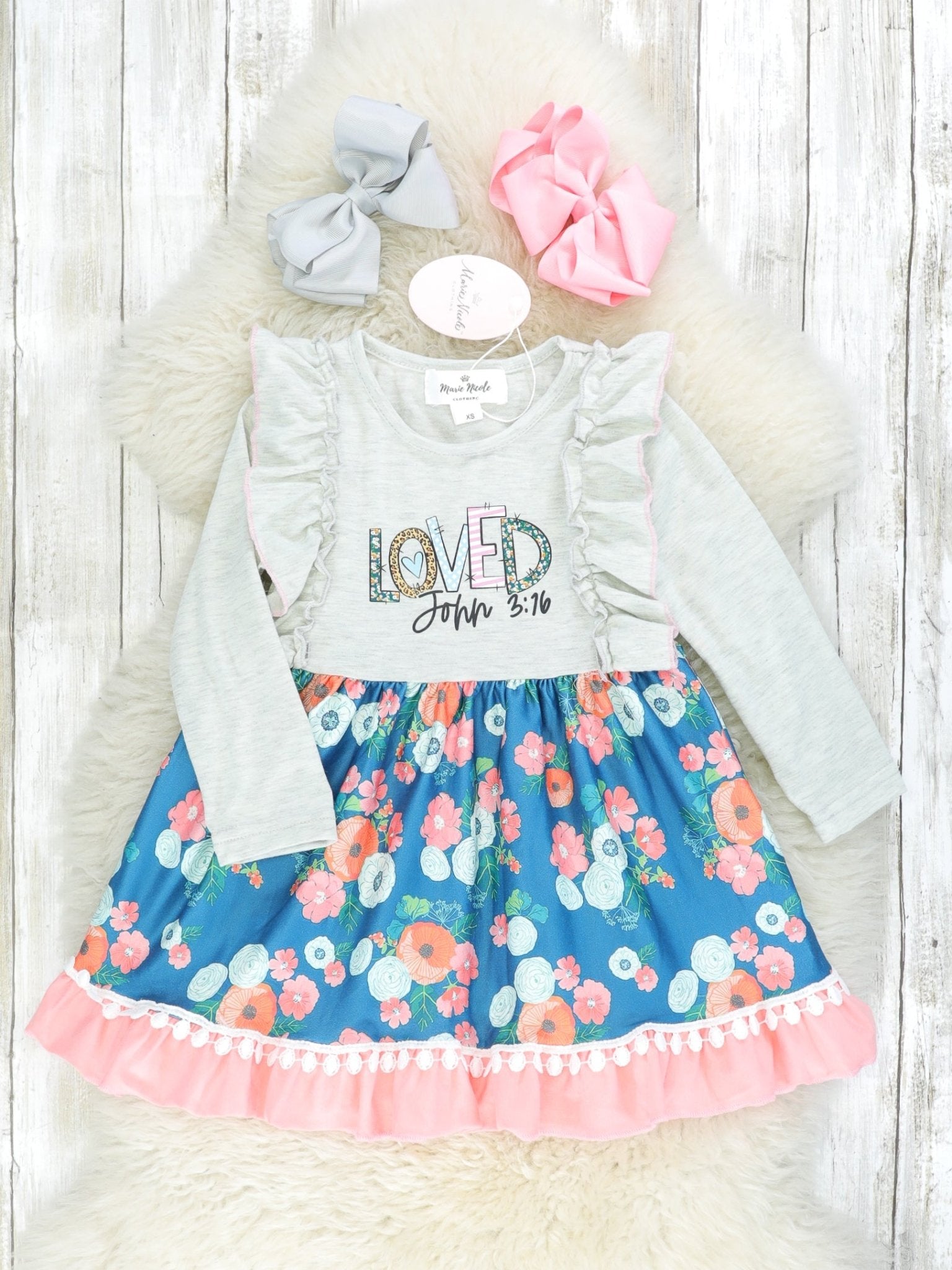 "Loved" Pink & Navy Floral Ruffle Pom Pom Dress - Marie Nicole Clothing