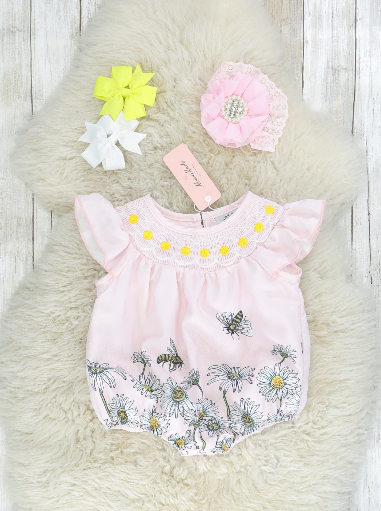 Pink Smocked Daisy Ruffle Bubble Romper - Marie Nicole Clothing