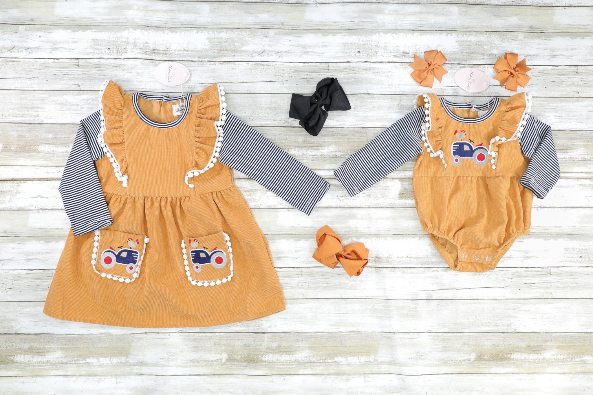 Striped Camel Tractor Ruffle Bubble Romper - Marie Nicole Clothing