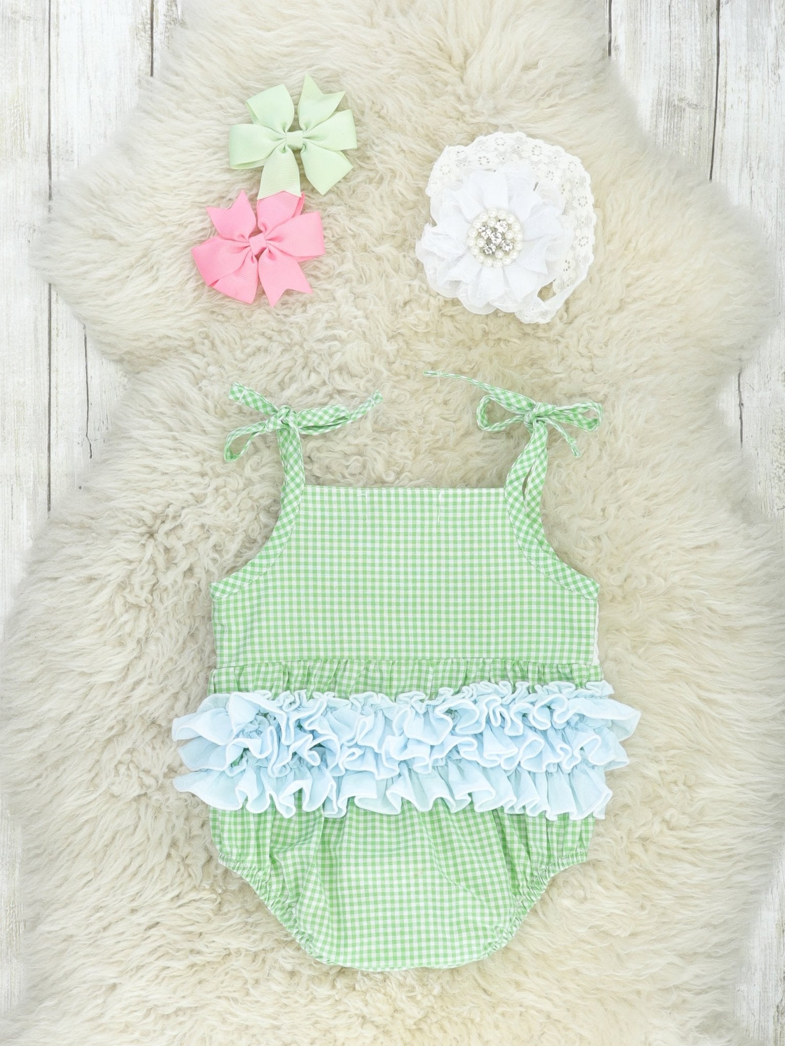 Green Smocked Dinosaur Ruffle Bubble Romper - Marie Nicole Clothing