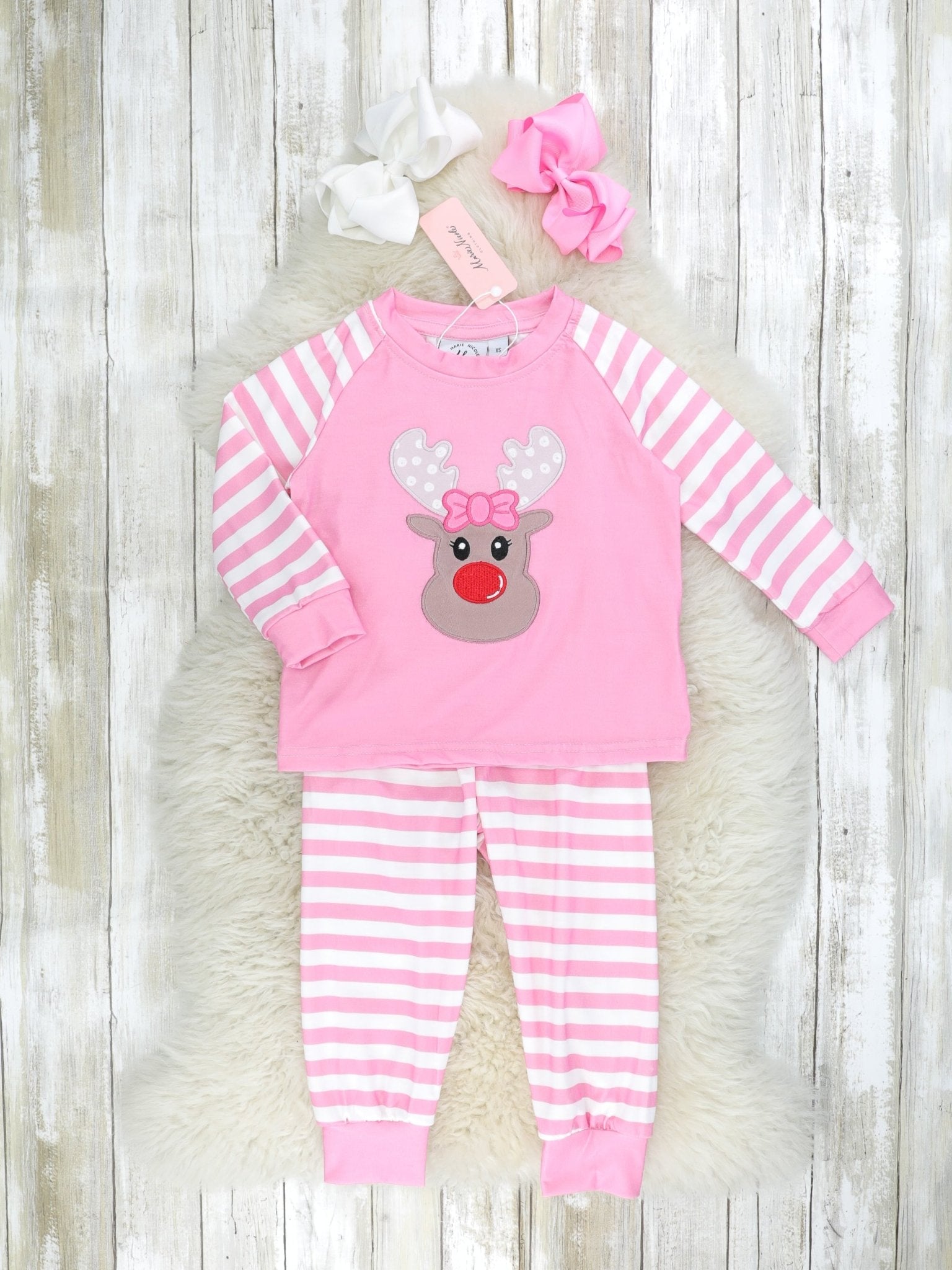 Pink Striped Reindeer Pajamas - Marie Nicole Clothing