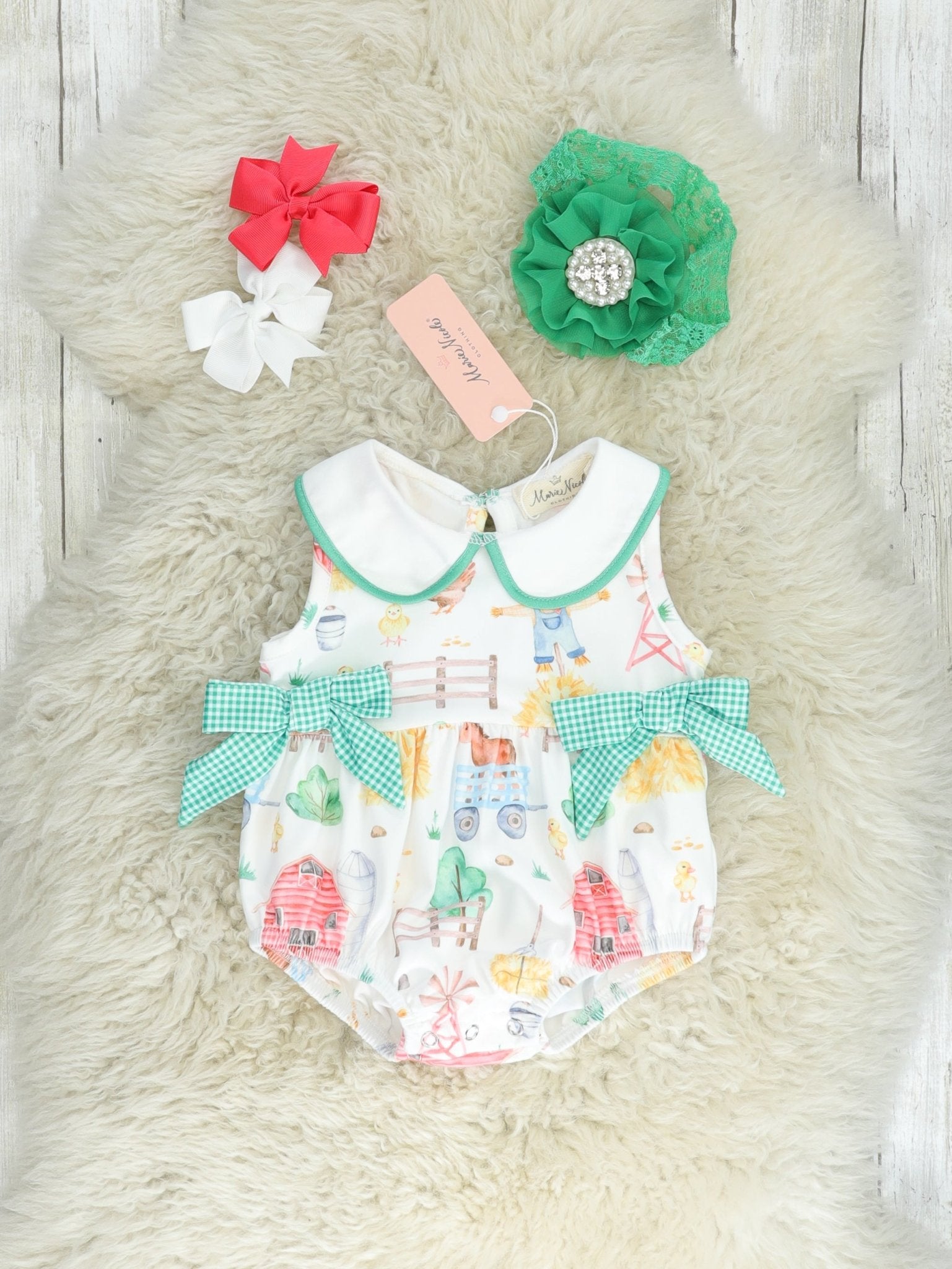 Green Gingham Vintage Farm Bubble Romper - Marie Nicole Clothing