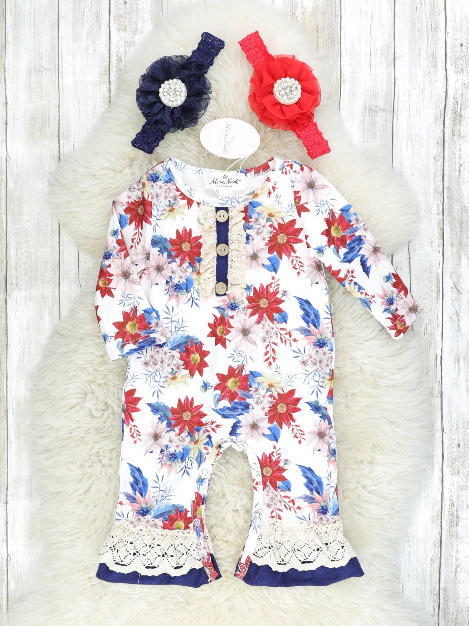 Red & Blue Floral Crochet Ruffle Romper - Marie Nicole Clothing