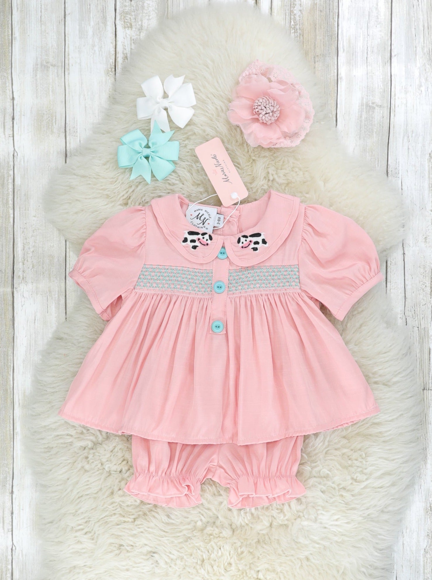 Pink Smocked Vintage Cow Top & Bloomers Set - Marie Nicole Clothing