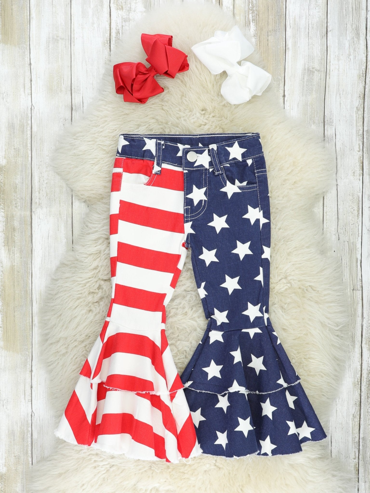 Stars & Stripes Tiered Denim Bell Bottoms - Marie Nicole Clothing