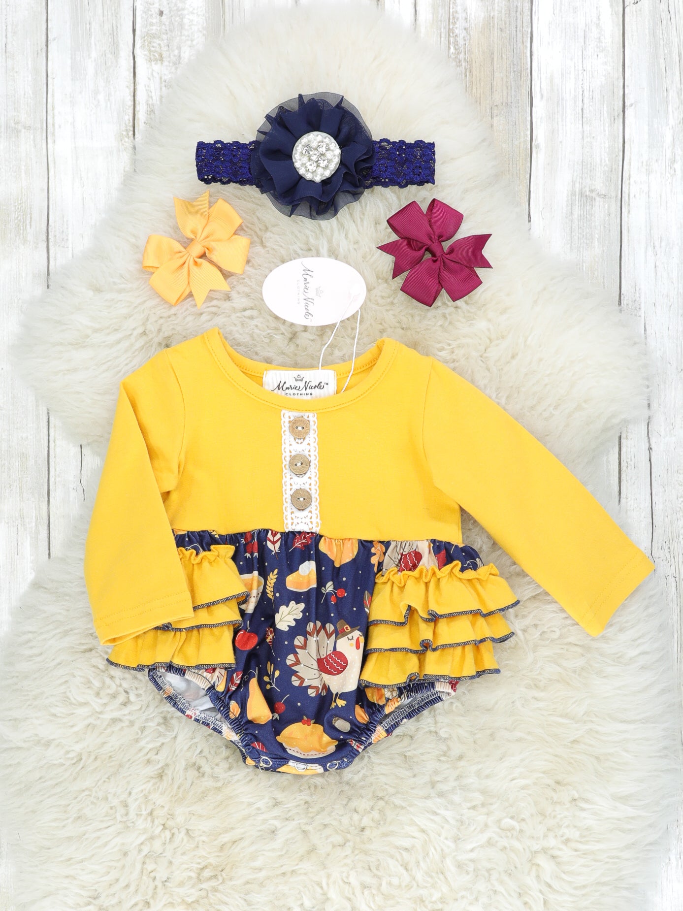 Mustard Navy Turkey Ruffle Romper - Marie Nicole Clothing