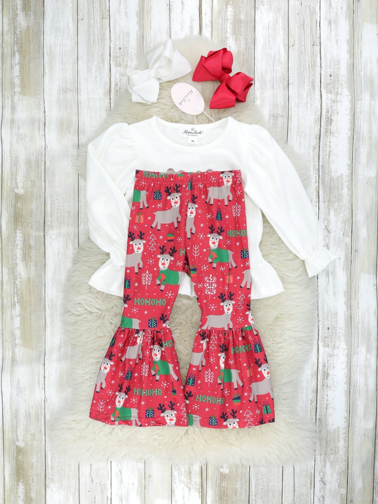 Reindeer Ruffle Top & Bell Bottoms Outfit - Marie Nicole Clothing
