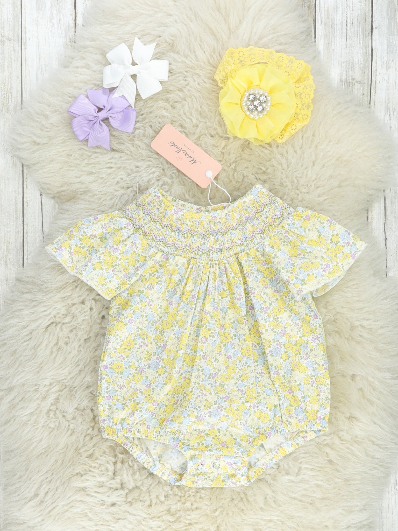 Yellow Floral Smocked Bubble Romper - Marie Nicole Clothing