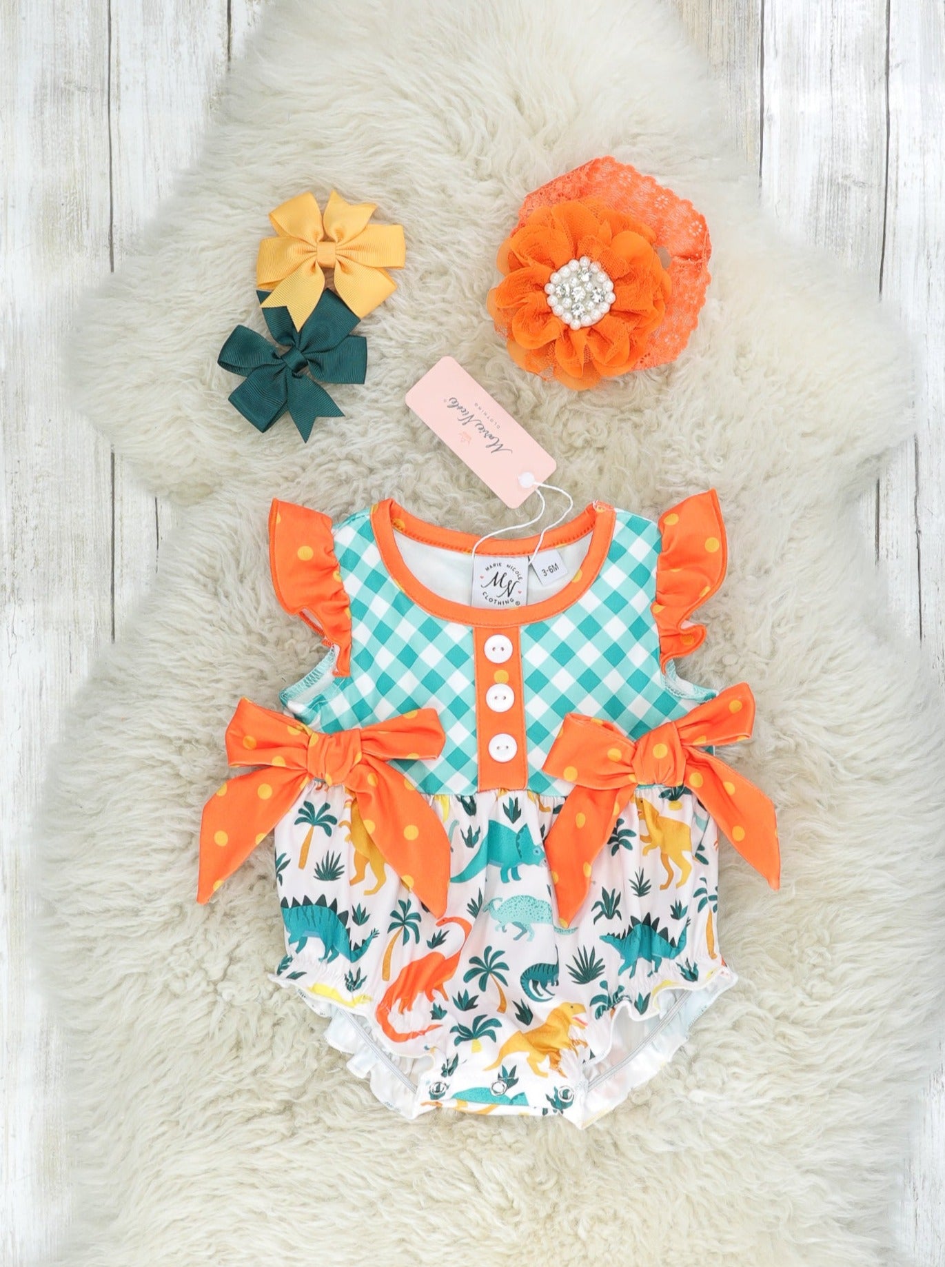 Teal Gingham Dinosaur Ruffle Romper - Marie Nicole Clothing