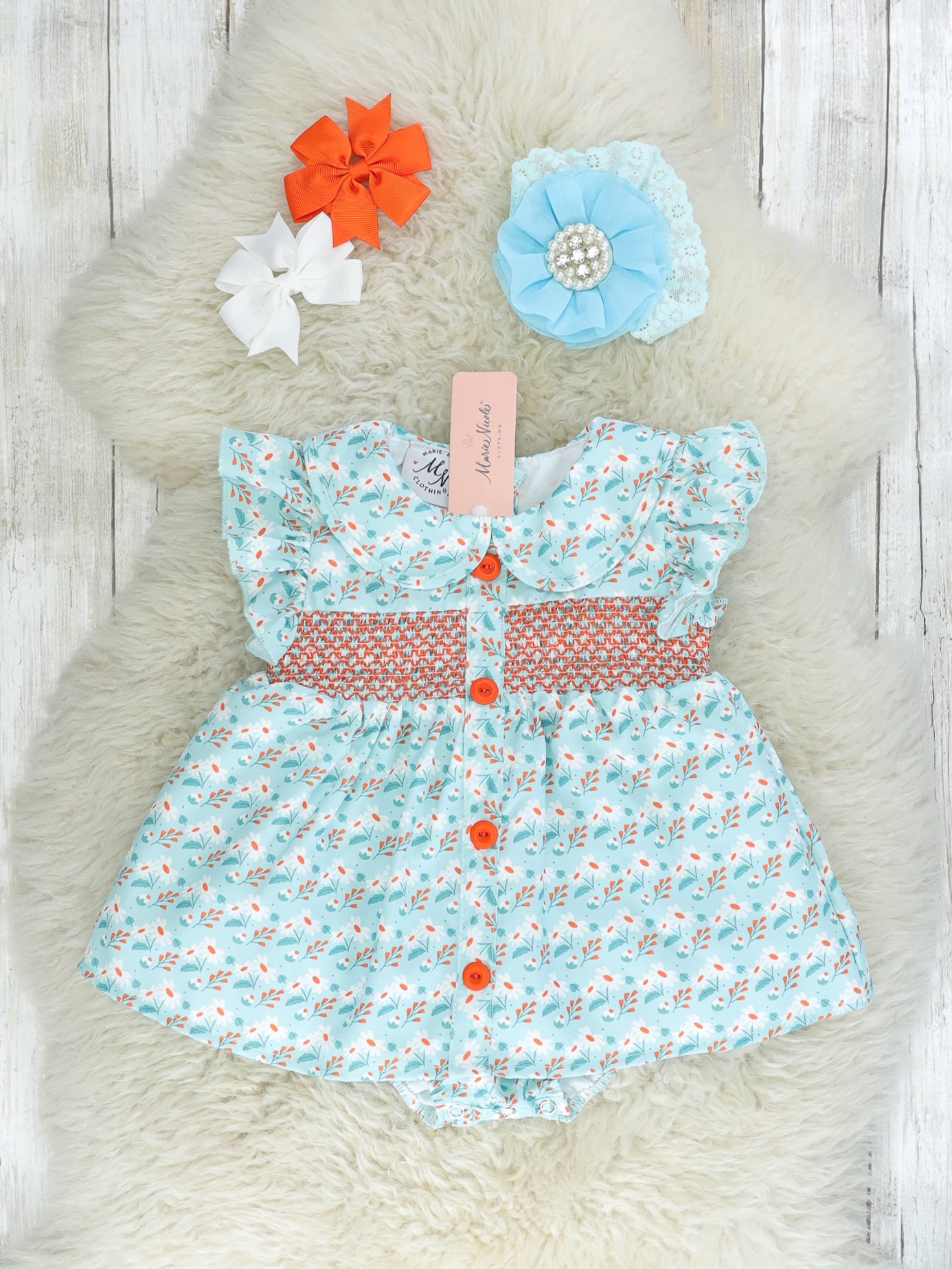 Blue & Orange Smocked Vintage Daisy Ruffle Romper - Marie Nicole Clothing