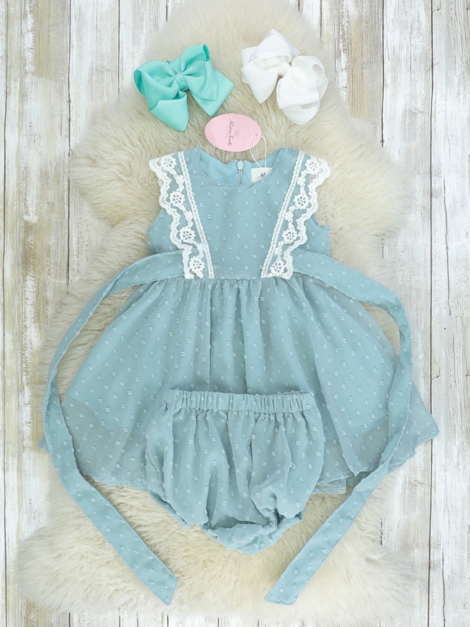 Ash Blue Lace Swiss Dot Dress - Marie Nicole Clothing