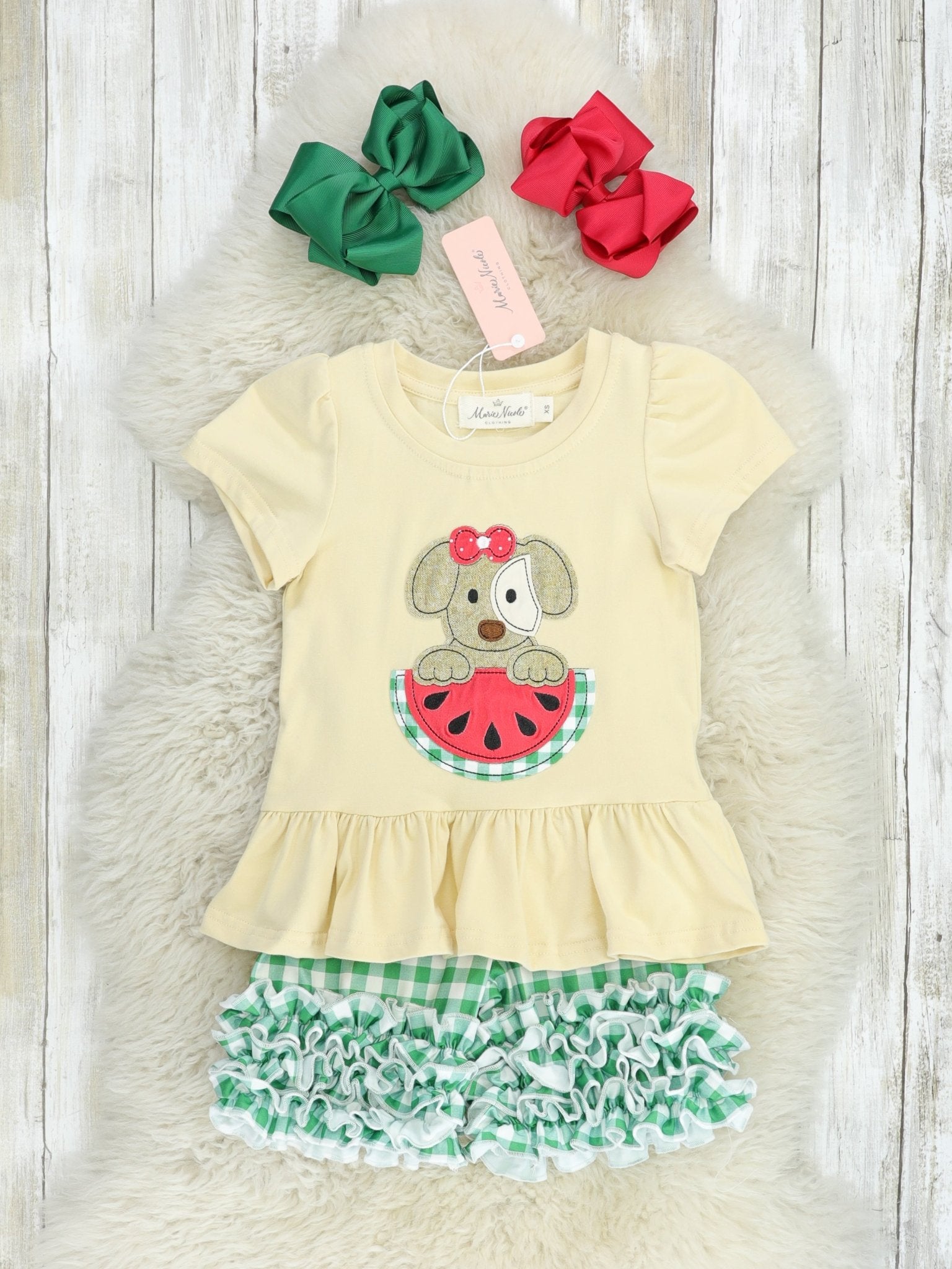 Green Gingham Watermelon Puppy Ruffle Outfit - Marie Nicole Clothing