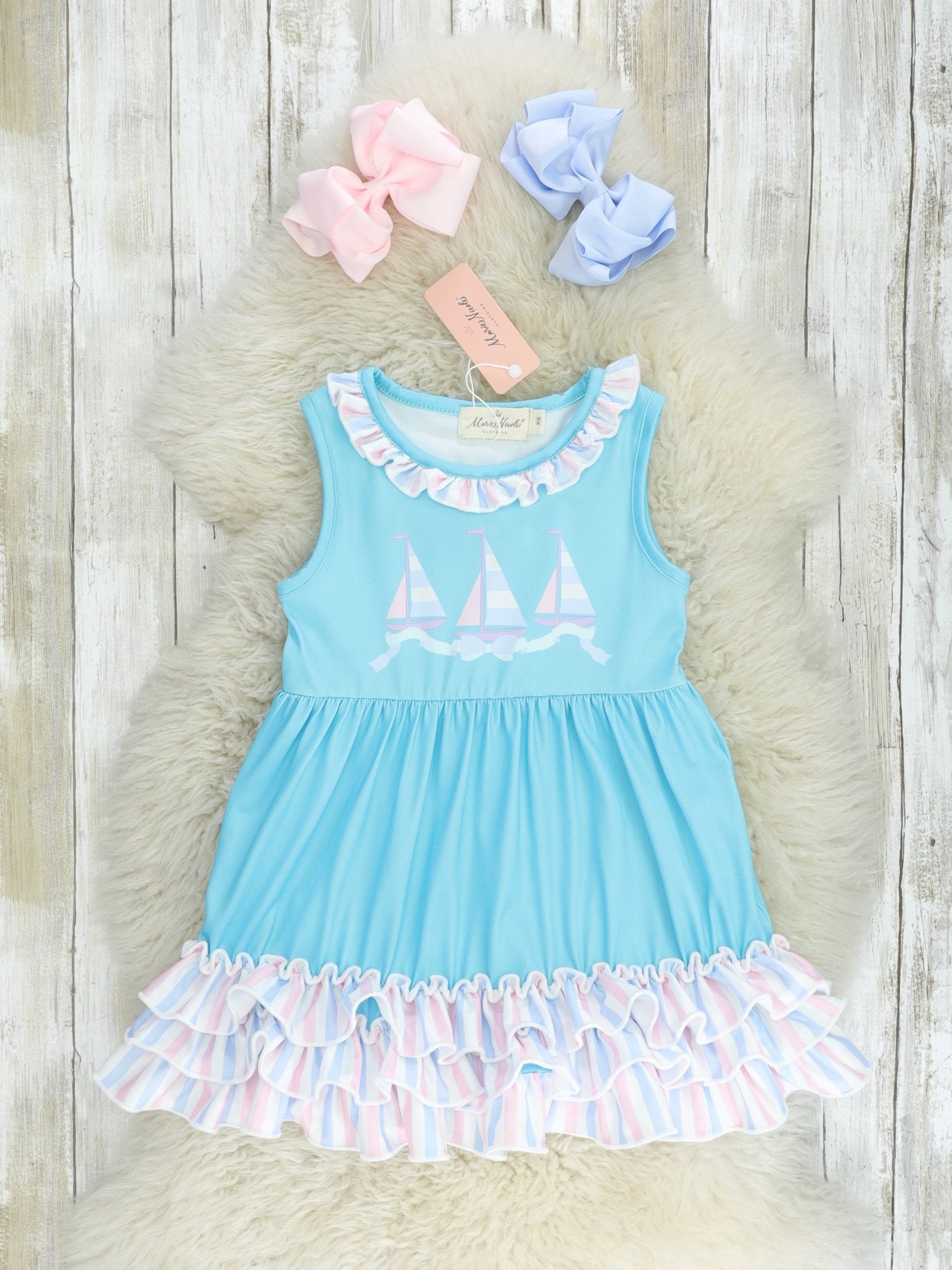 Blue Striped Sailboat Ruffle Dress - Marie Nicole Clothing