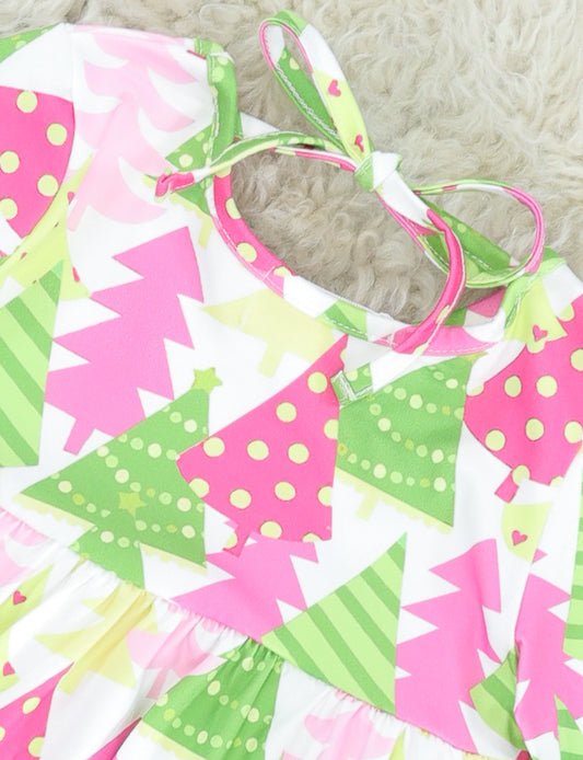 Pink & Green Christmas Tree Ruffle Outfit - Marie Nicole Clothing