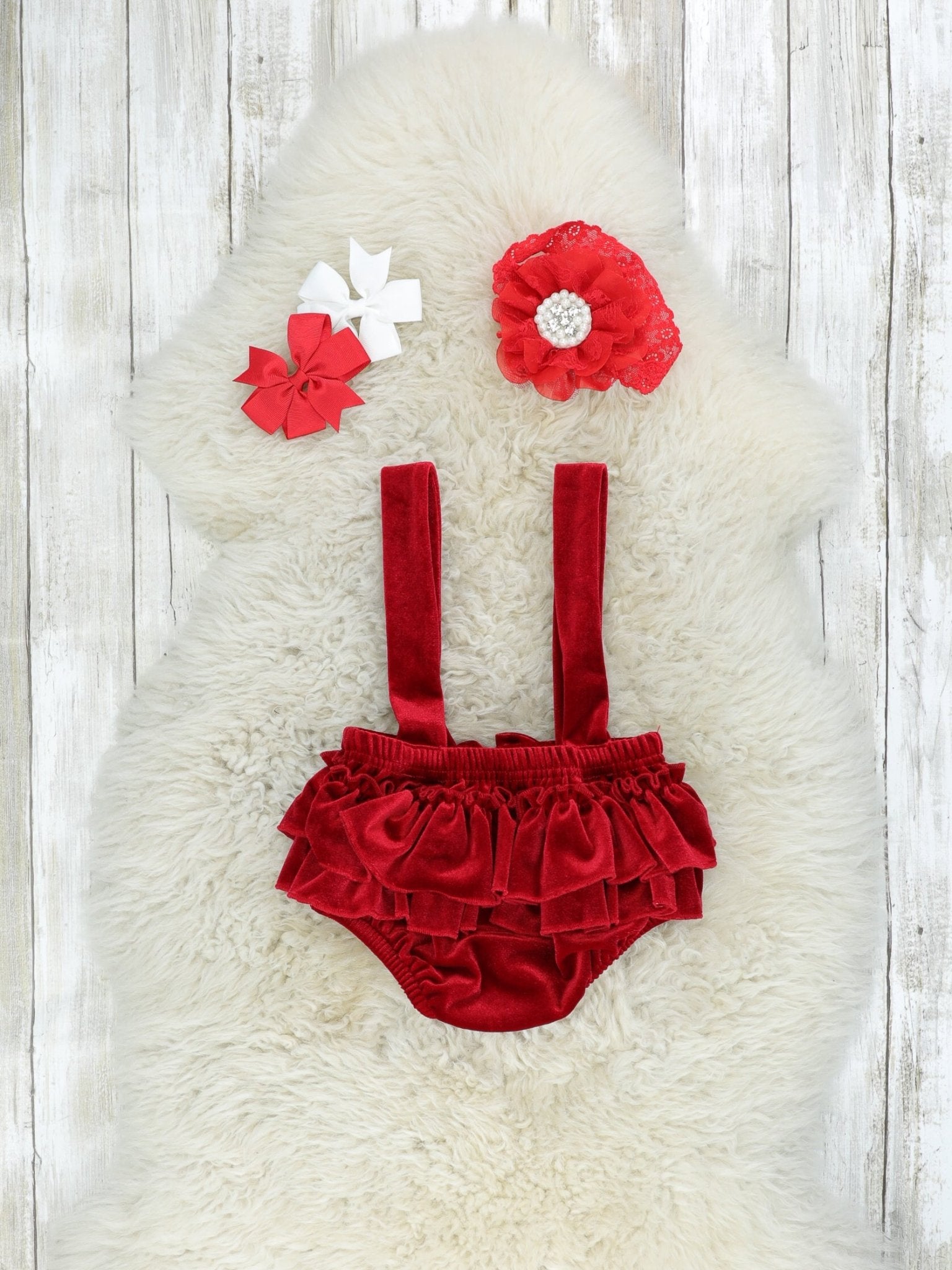 White Top & Ruby Velvet Ruffle Overall Set - Marie Nicole Clothing