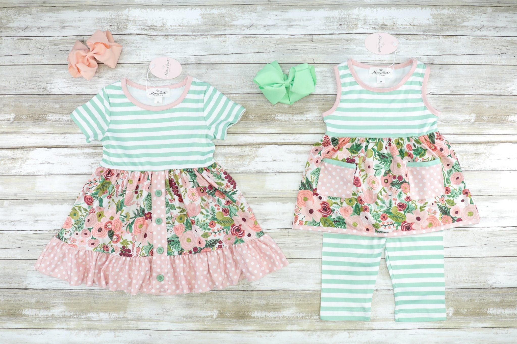 Light Green Striped Floral Ruffle Dress - Marie Nicole Clothing