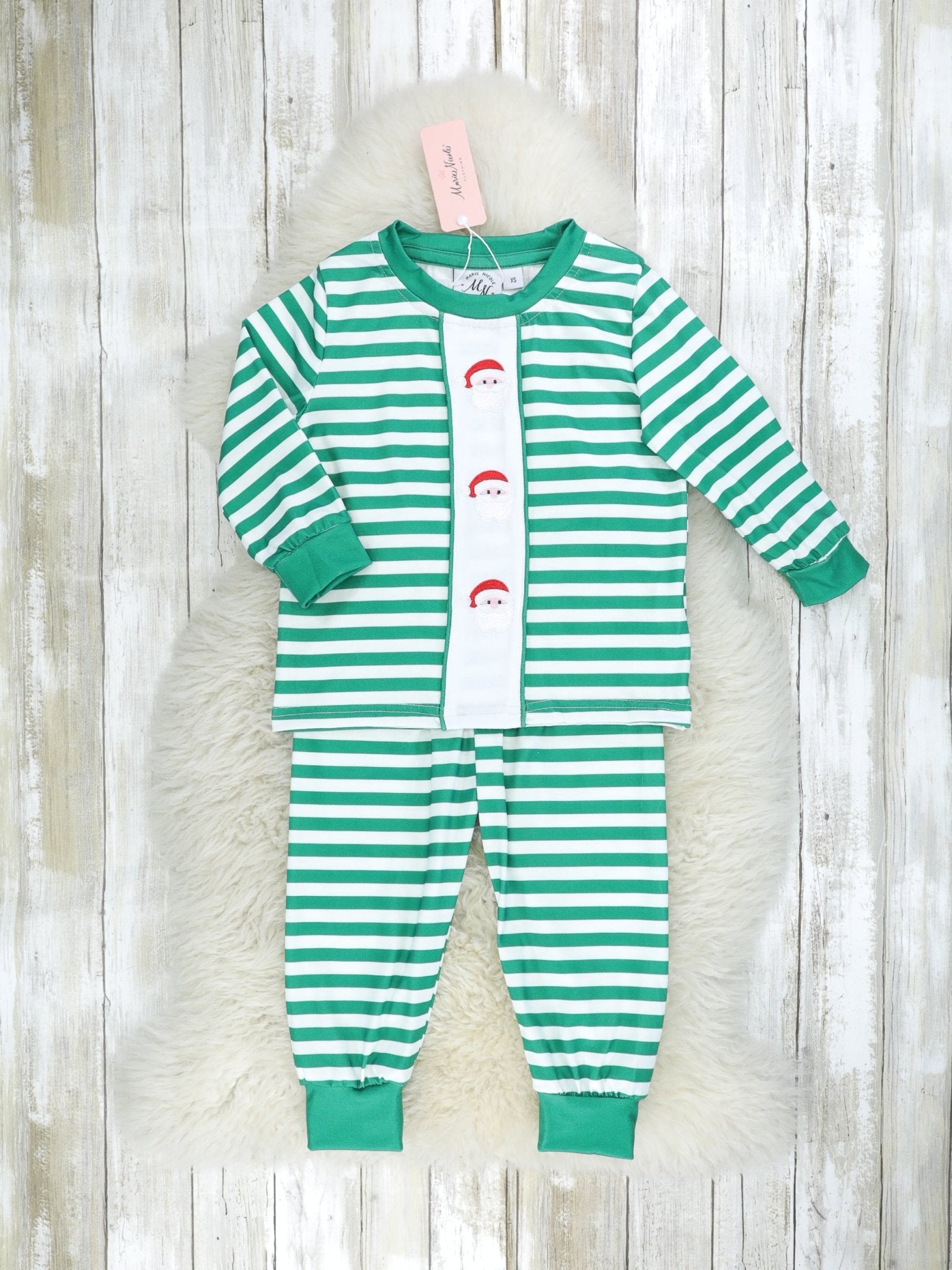 Green Striped Santa Pajamas - Boys & Girls - Marie Nicole Clothing