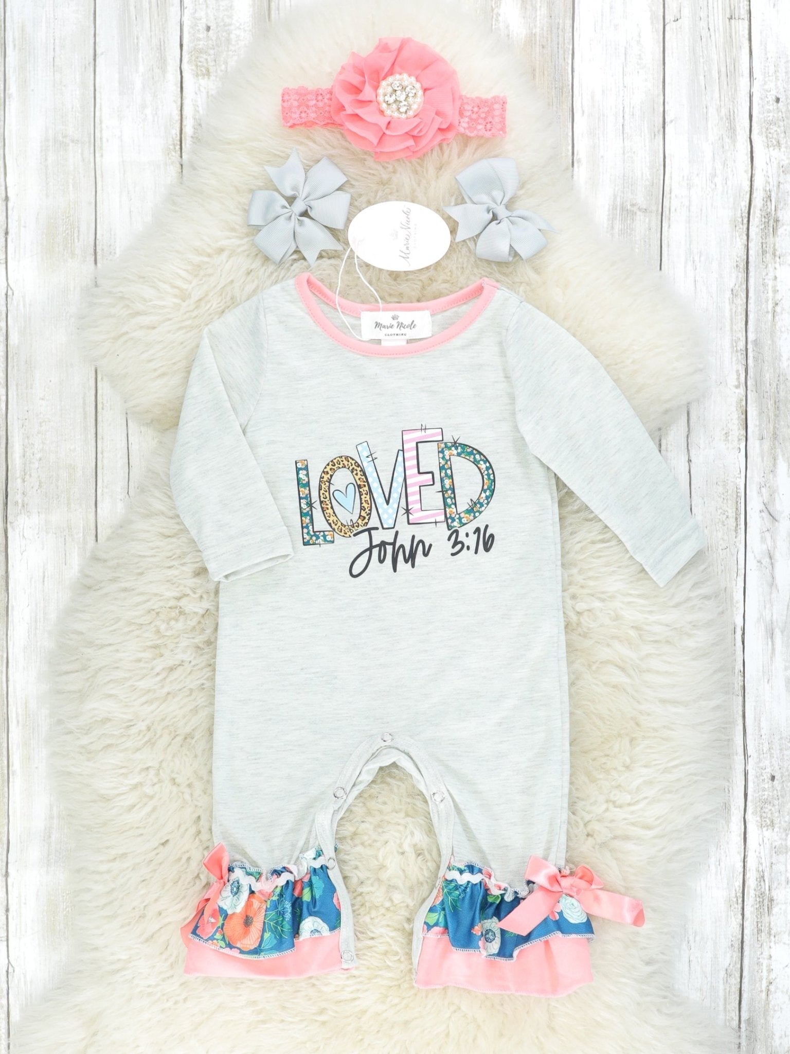 "Loved" Pink & Navy Floral Ruffle Romper - Marie Nicole Clothing