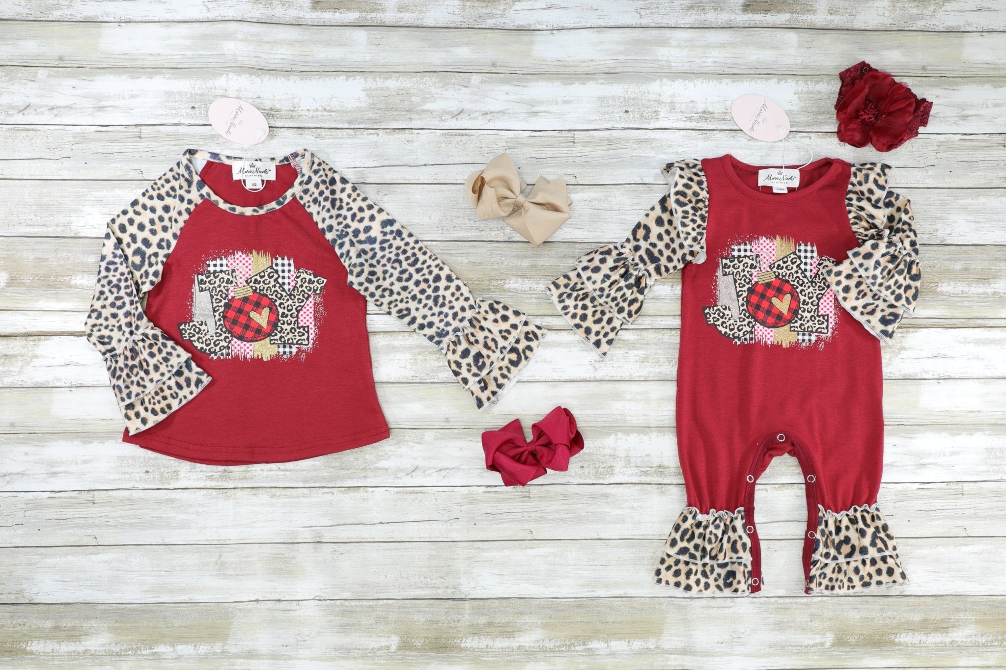 Burgundy "Joy" Leopard Ruffle Raglan Shirt - Marie Nicole Clothing