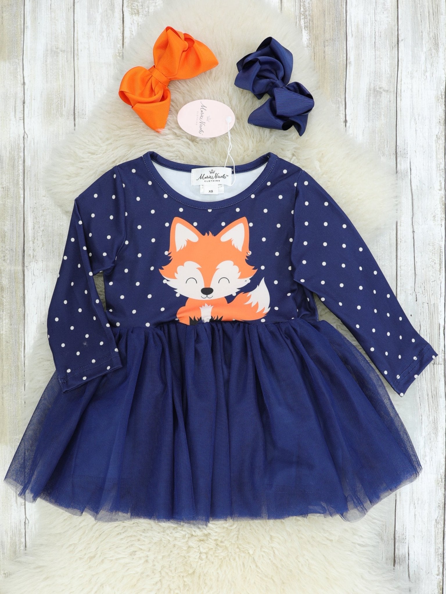 Navy Polka Dot Fox Tulle Dress - Marie Nicole Clothing
