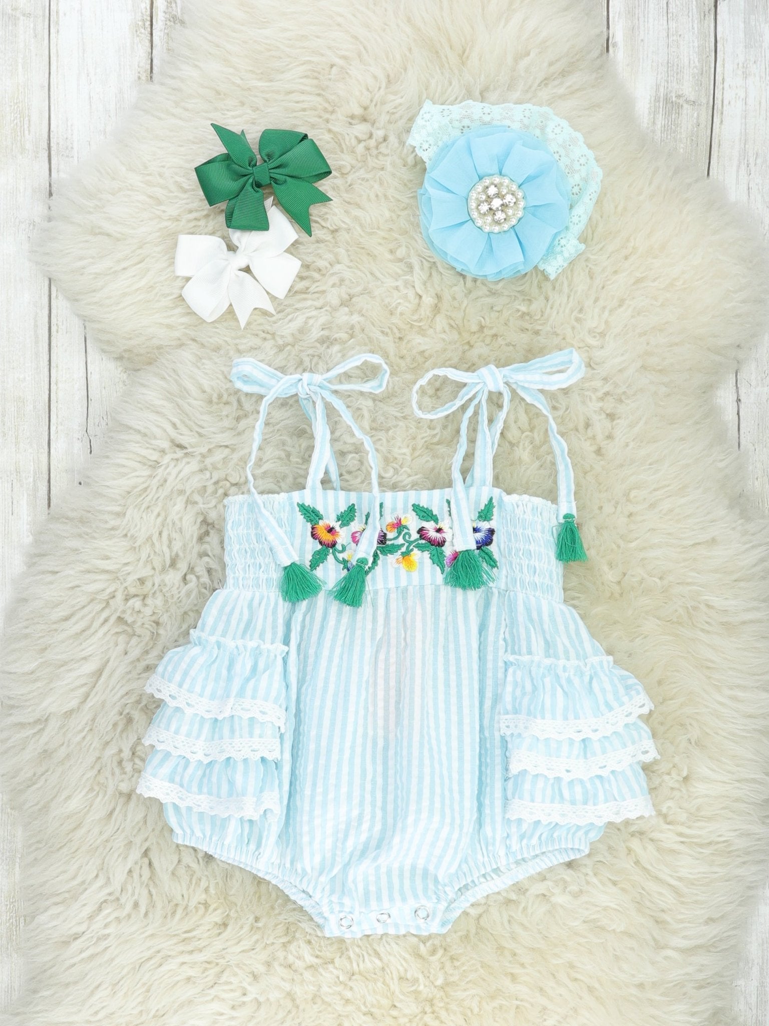 Pinstriped Floral Tie Bubble Romper - Marie Nicole Clothing