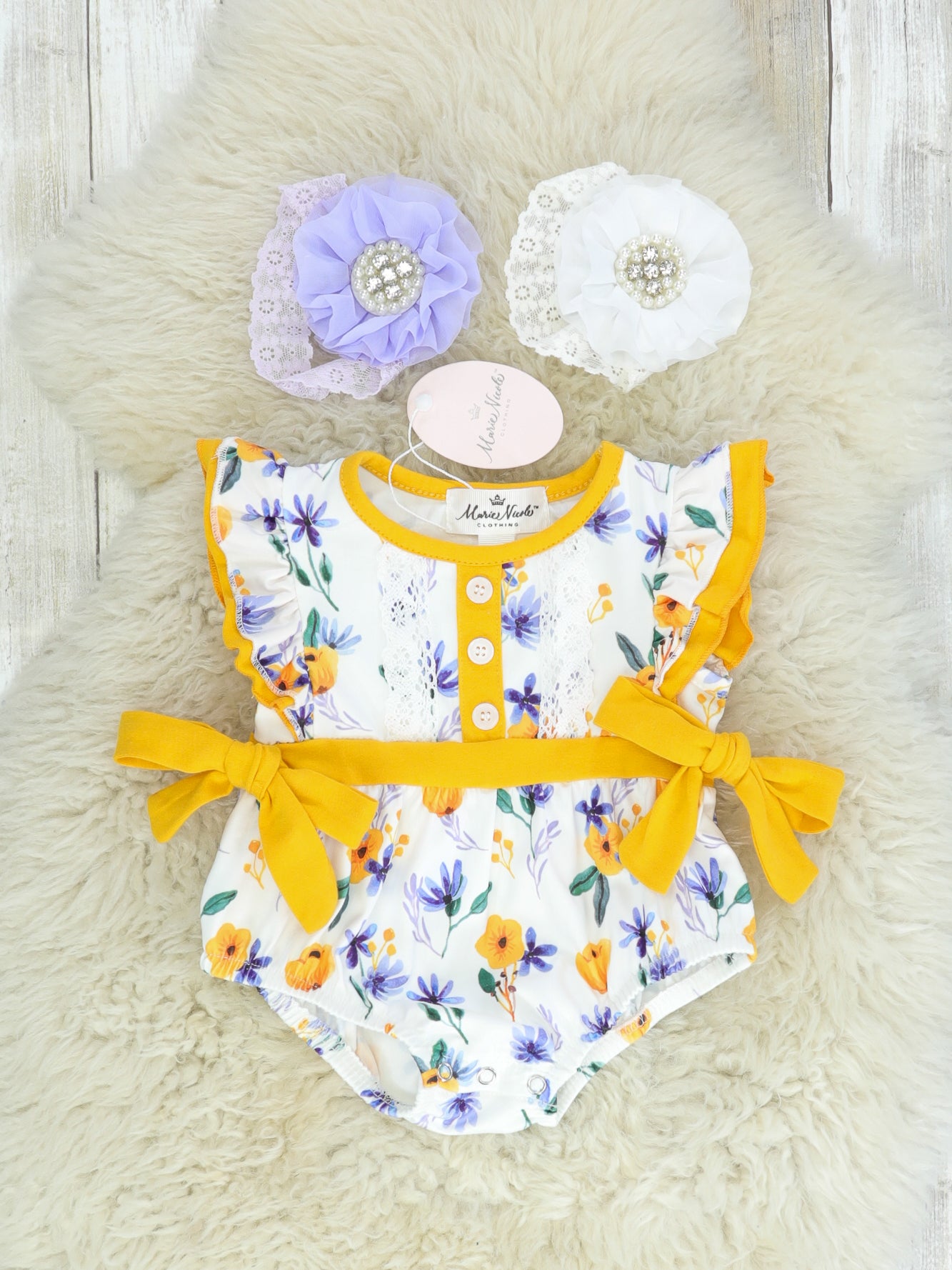 Mustard & Purple Floral Ruffle Bubble Romper - Marie Nicole Clothing