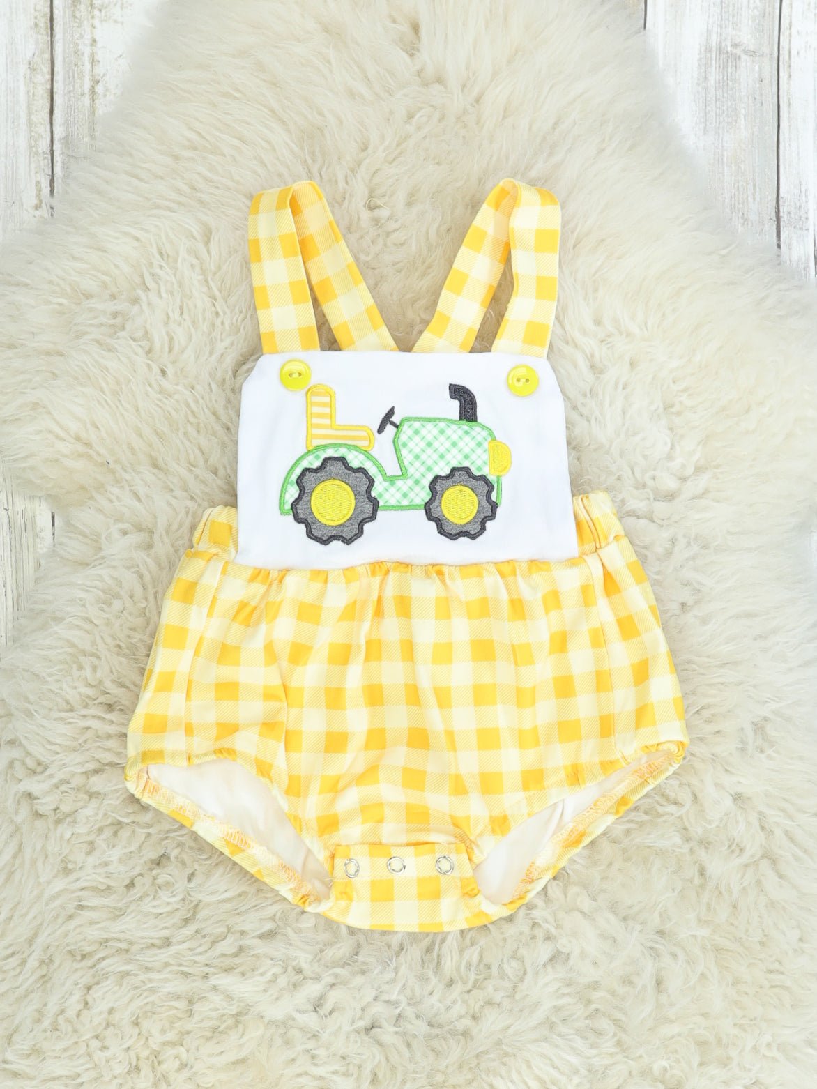 Yellow Check Tractor Bubble Romper - Marie Nicole Clothing