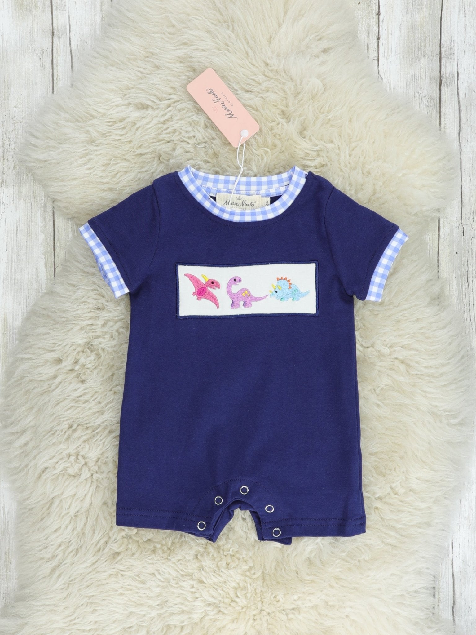 Blue Gingham Dinosaur Romper - Marie Nicole Clothing