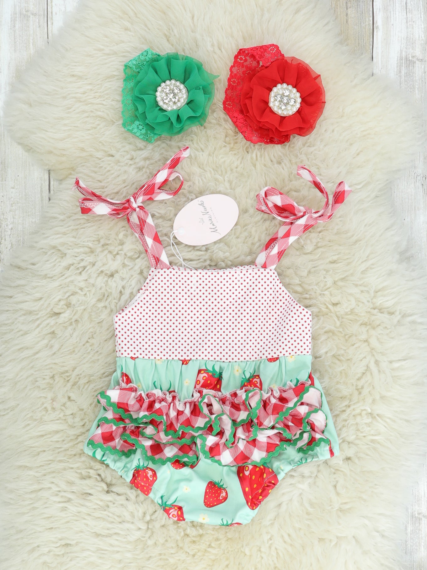 Mint Strawberry Tie Bubble Romper - Marie Nicole Clothing