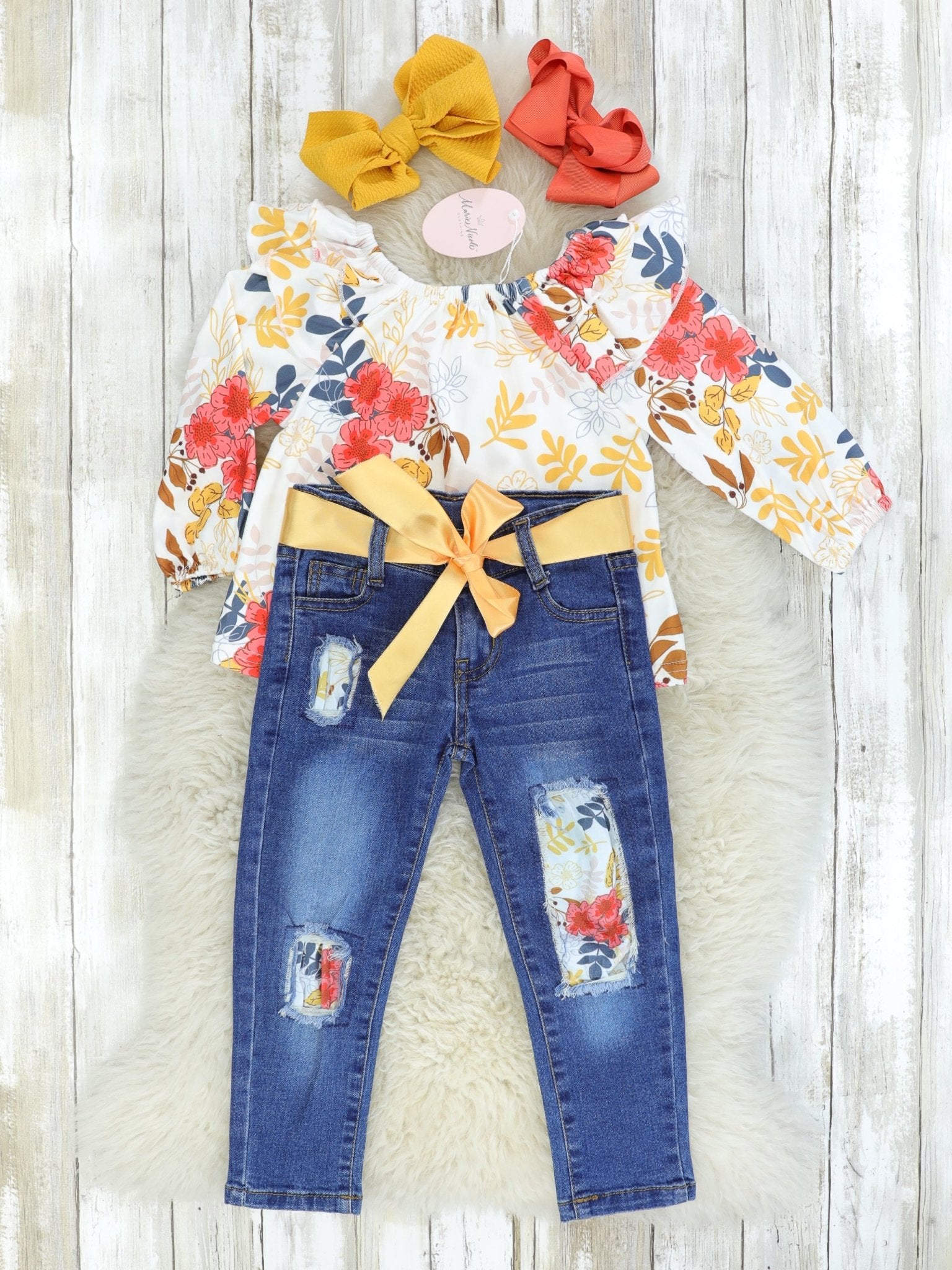 Fall Floral Ruffle Top & Distressed Denim Outfit - Marie Nicole Clothing