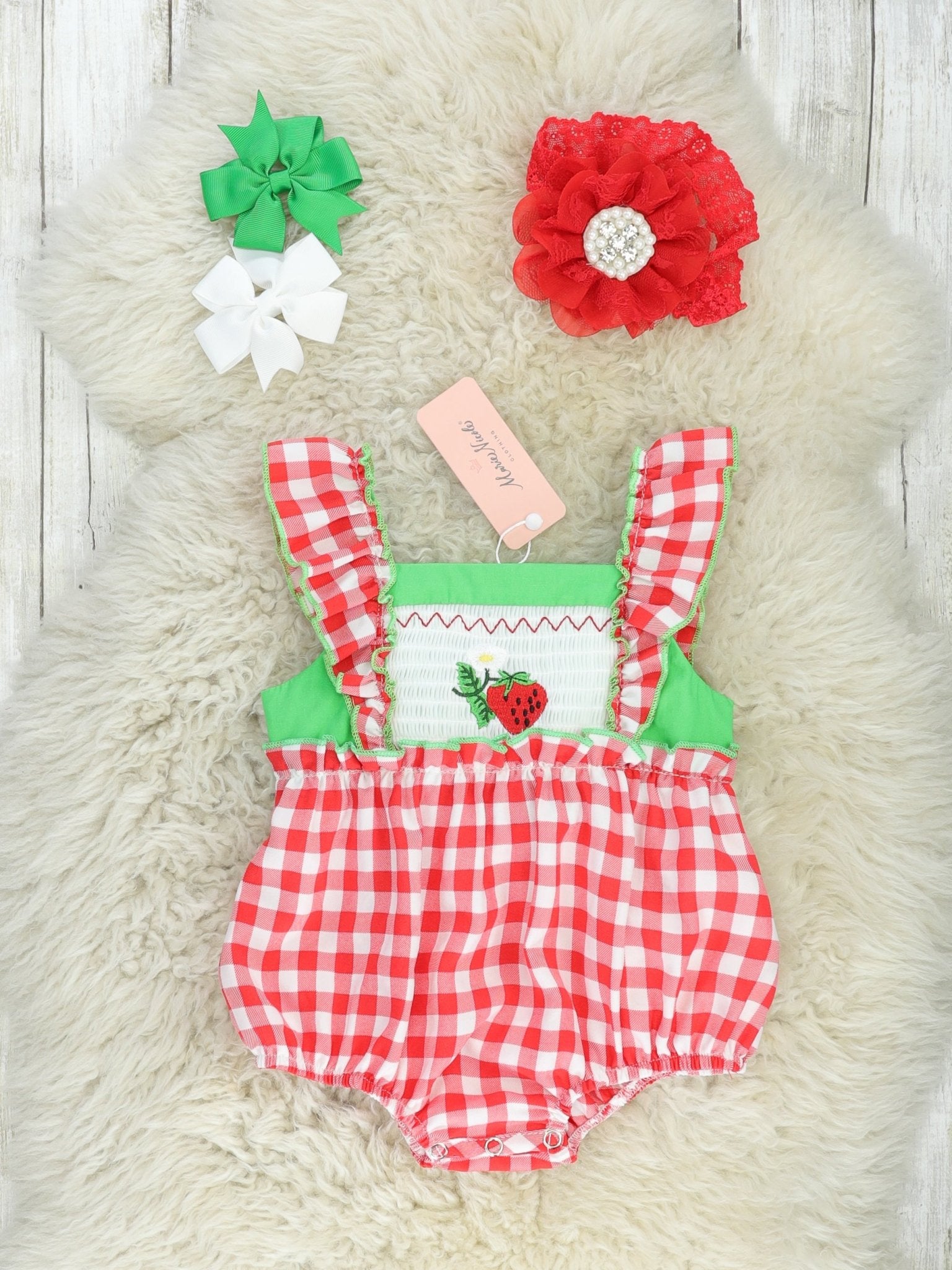 Red Gingham Strawberry Smocked Tank Bubble Romper - Marie Nicole Clothing