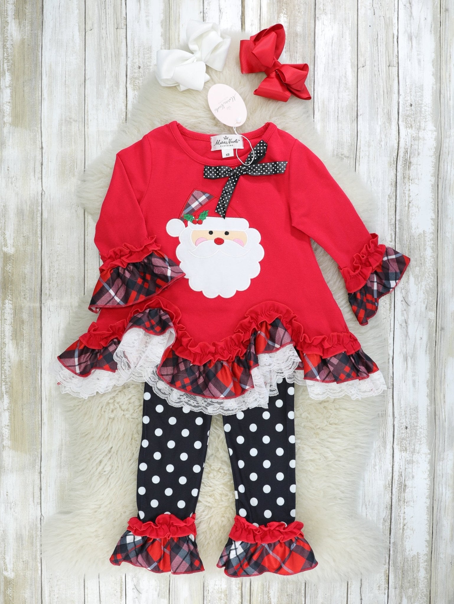 Red Polka Dot Santa Ruffle Outfit - Marie Nicole Clothing