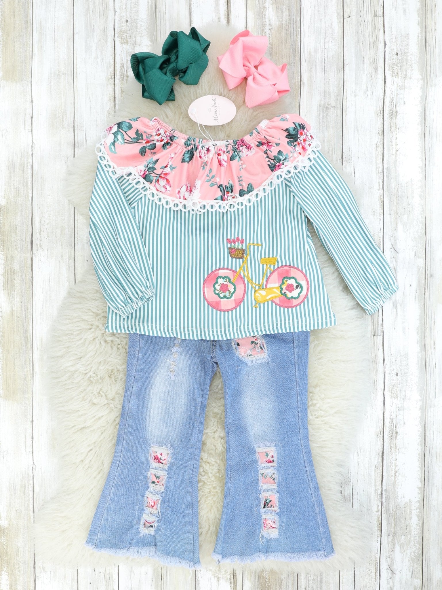 Pink & Green Bike Denim Bell Bottom Outfit - Marie Nicole Clothing